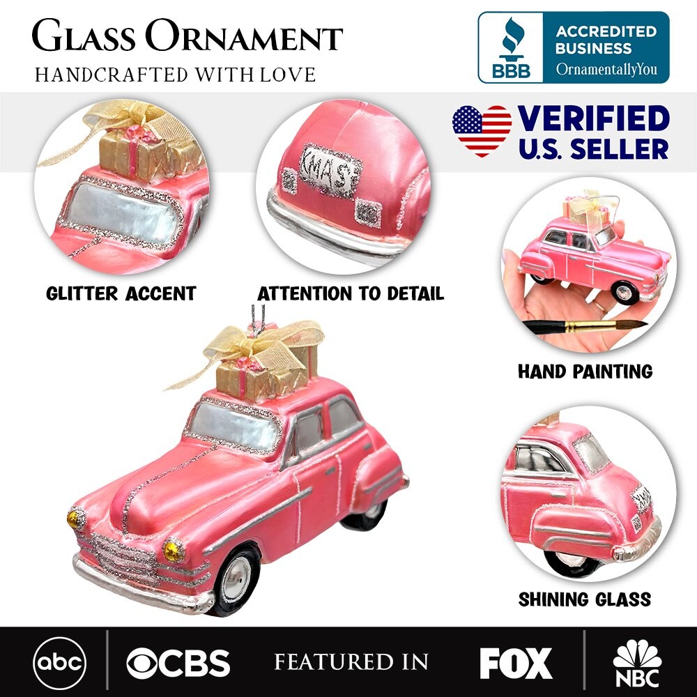 Nostalgic Pink Car Glass Christmas Ornament, Vintage Classic Tree Decor