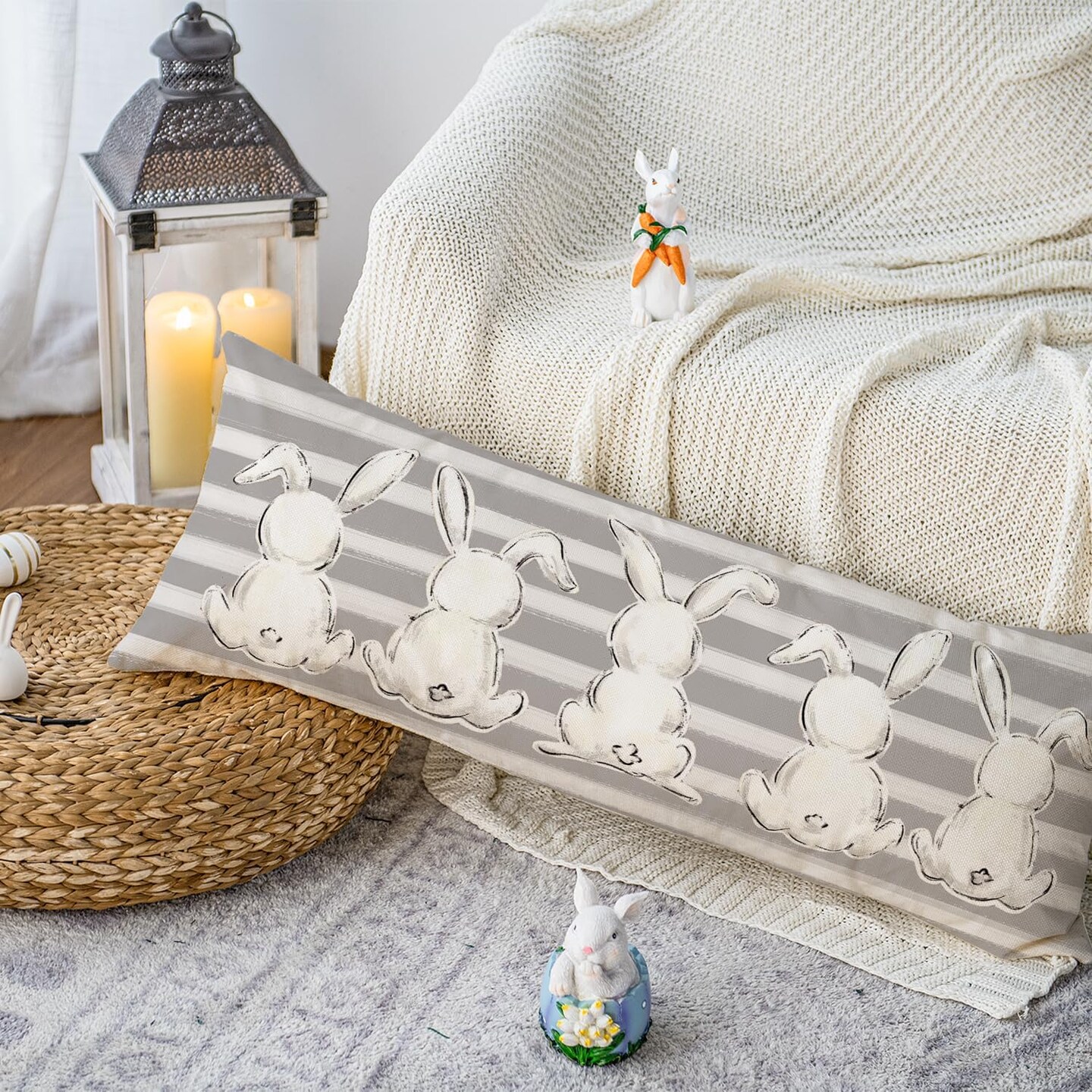 Gray Striped Bunny Easter Lumbar Pillow Cover &#x2013; 14&#x22; x 36&#x22; Long Body Pillow Case for Bed, Sofa &#x26; Bench