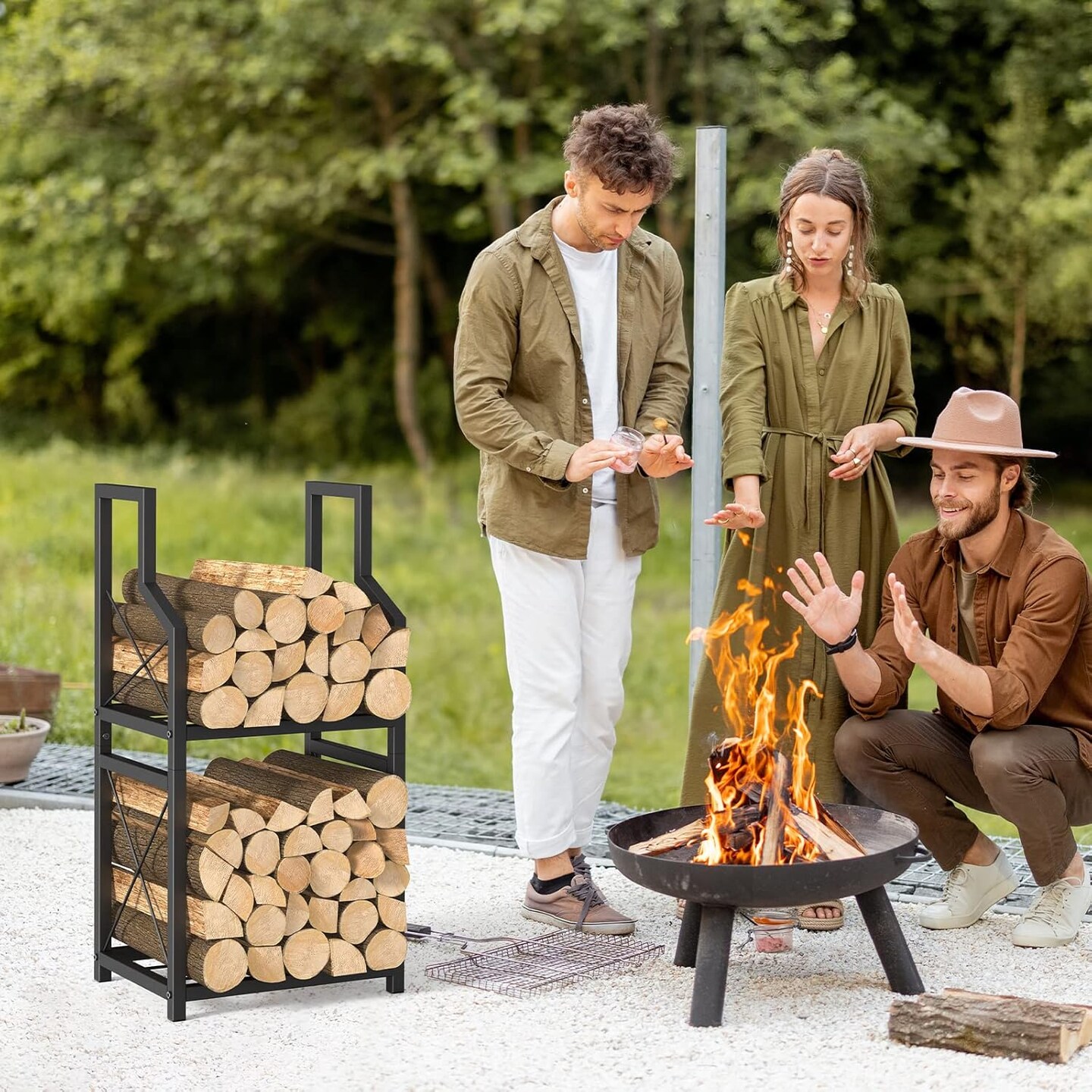 2-Tier Firewood Rack Holder Fire Wood Log Storage Rack Stacker Stand Heavy Duty