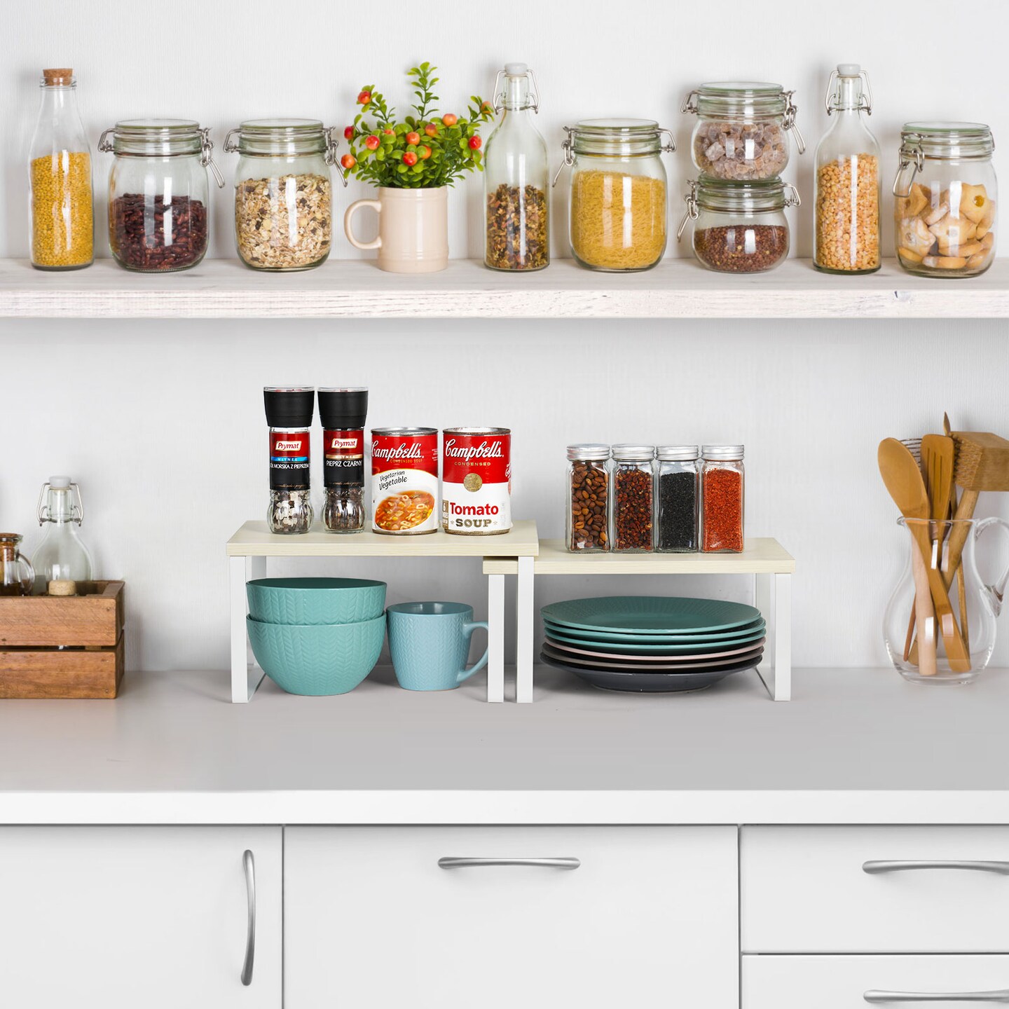 Cabinet Shelf Organizers, Kitchen Counter Shelf Set of 2,Bamboo Kitchen Pantry Organizer Storage Shelves