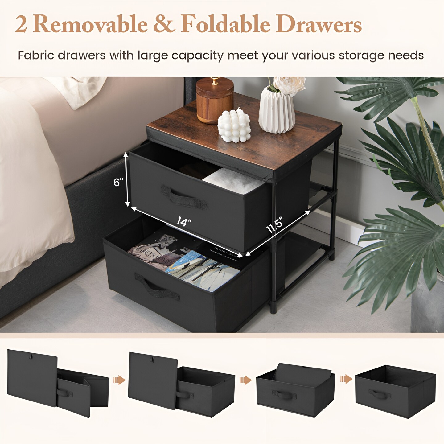 Black 2-Drawer Fabric Dresser Nightstand with Metal Frame and MDF Top 16 Inch - Set of 2