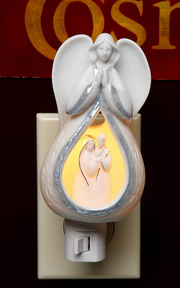 Ceramic Praying Angel Plug-In Night Light With Holy Family, Home Décor, Religious Décor, Religious Gift, Church Décor, Baptism Gift