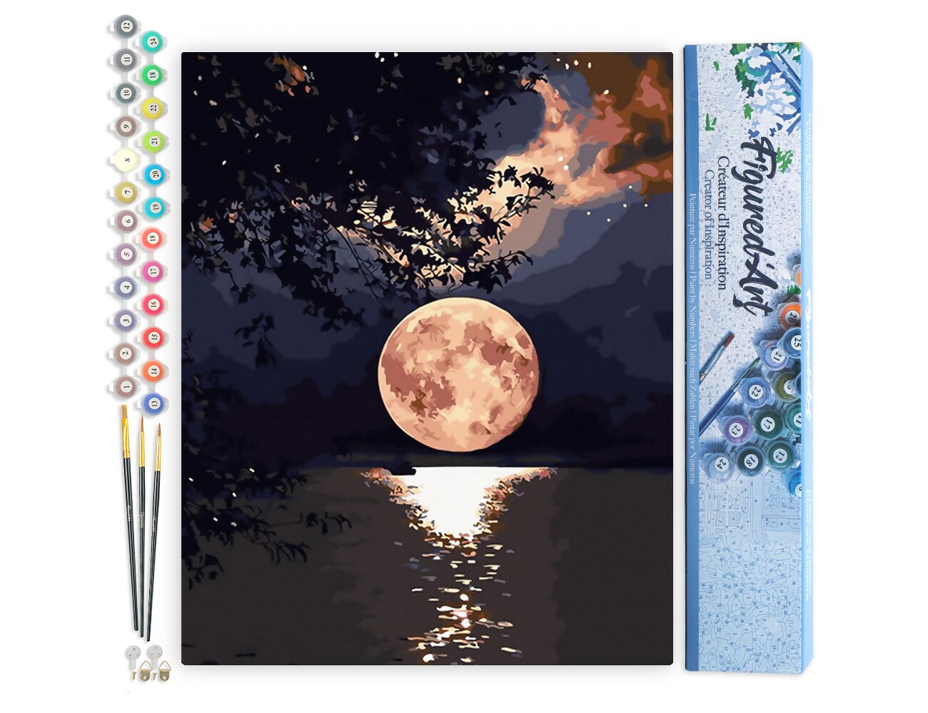 Figured'Art Paint by Numbers Kit for Adults Moon Reflection on the Lake 16"x20" - Craft Art Painting DIY Kit Rolled Canvas without frame