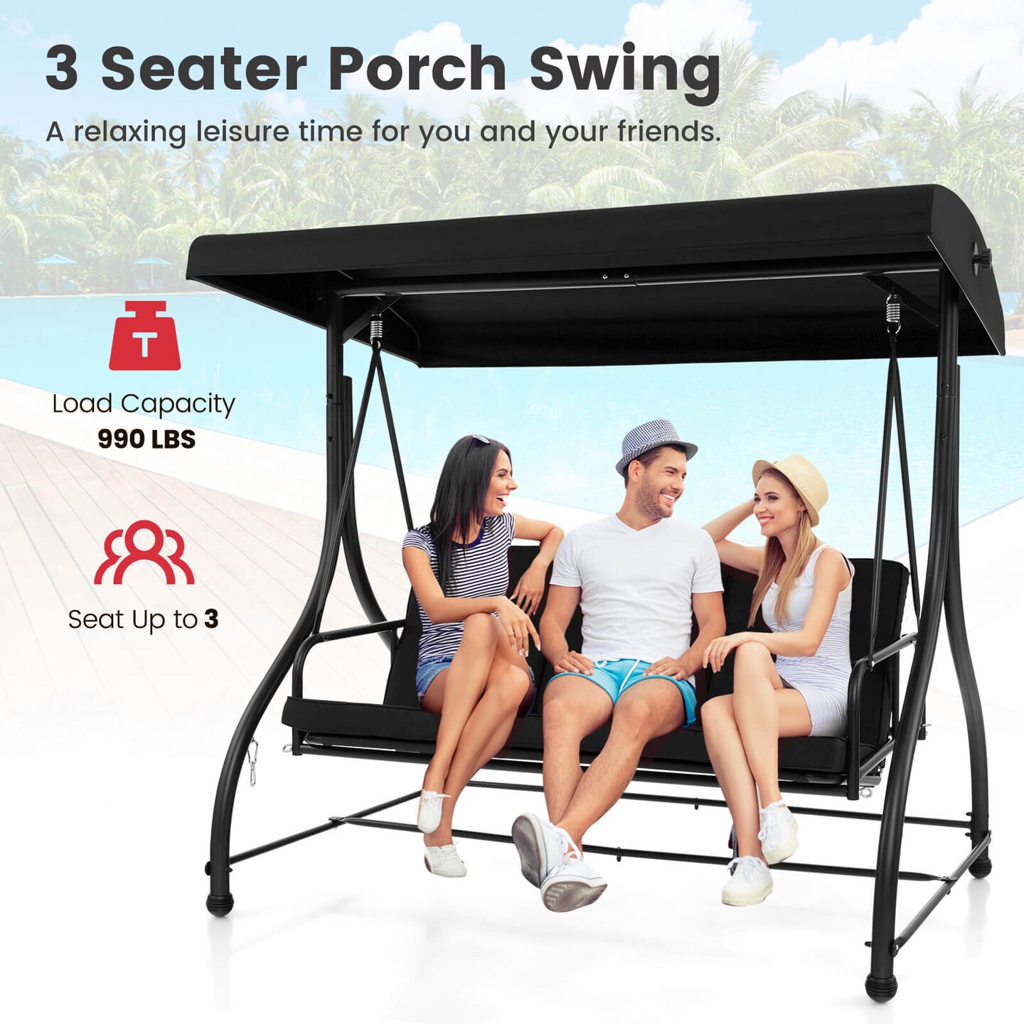 Costway 3-Seat Outdoor Converting Patio Swing Glider Adjustable Canopy Porch Swing Coffee/Black/Wine