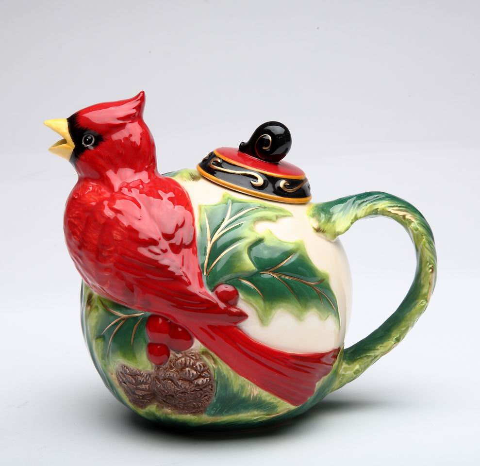 Ceramic Cardinal Bird with Poinsettia Christmas Teapot, Christmas Decor, Bird Watcher Gift, Gift for Her, Gift for Mom
