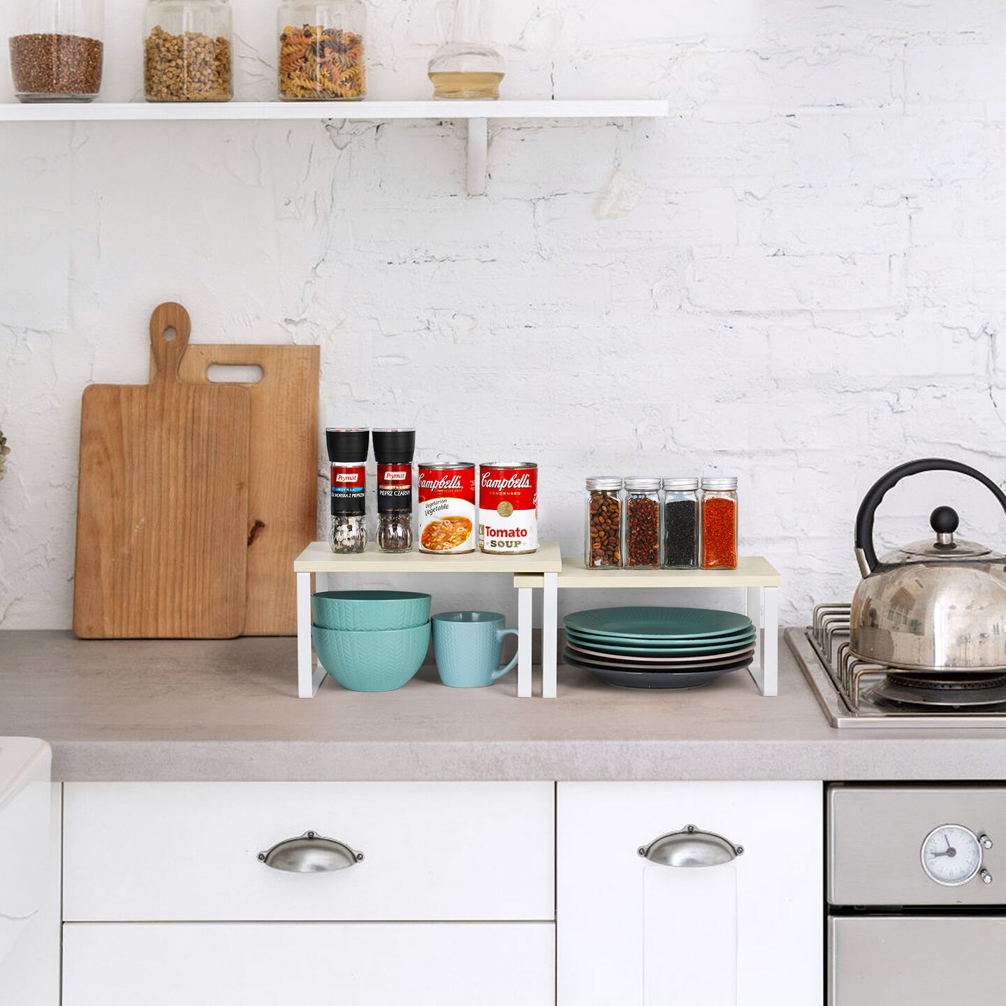 Cabinet Shelf Organizers, Kitchen Counter Shelf Set of 2,Bamboo Kitchen Pantry Organizer Storage Shelves