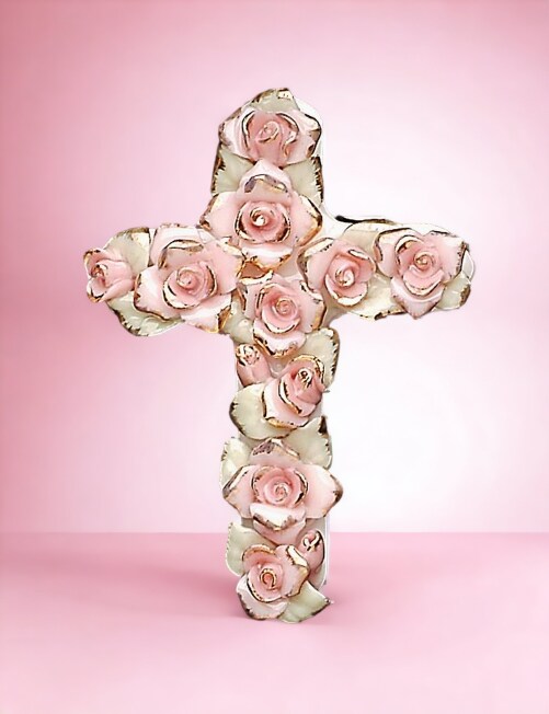 Ceramic Pink Roses Cross Pendant, Religious D&#xE9;cor, Religious Gift, Church D&#xE9;cor, Church Gift, Baptism Gift