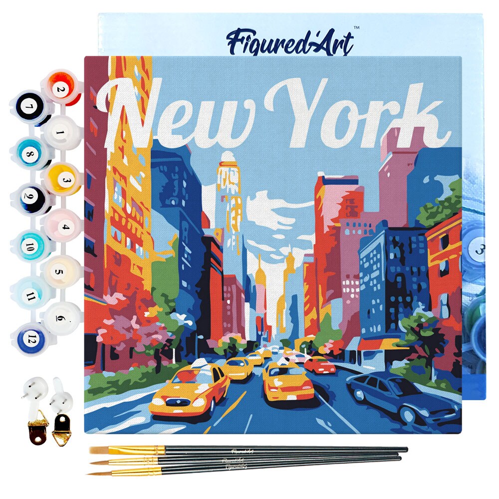 Figured&#x27;Art Mini Paint by Numbers Kit for Adults with Frame Travel Poster New York City Small format 8&#x22;x8&#x22; - Craft Art Painting DIY Canvas Already Stretched on a Wooden Frame
