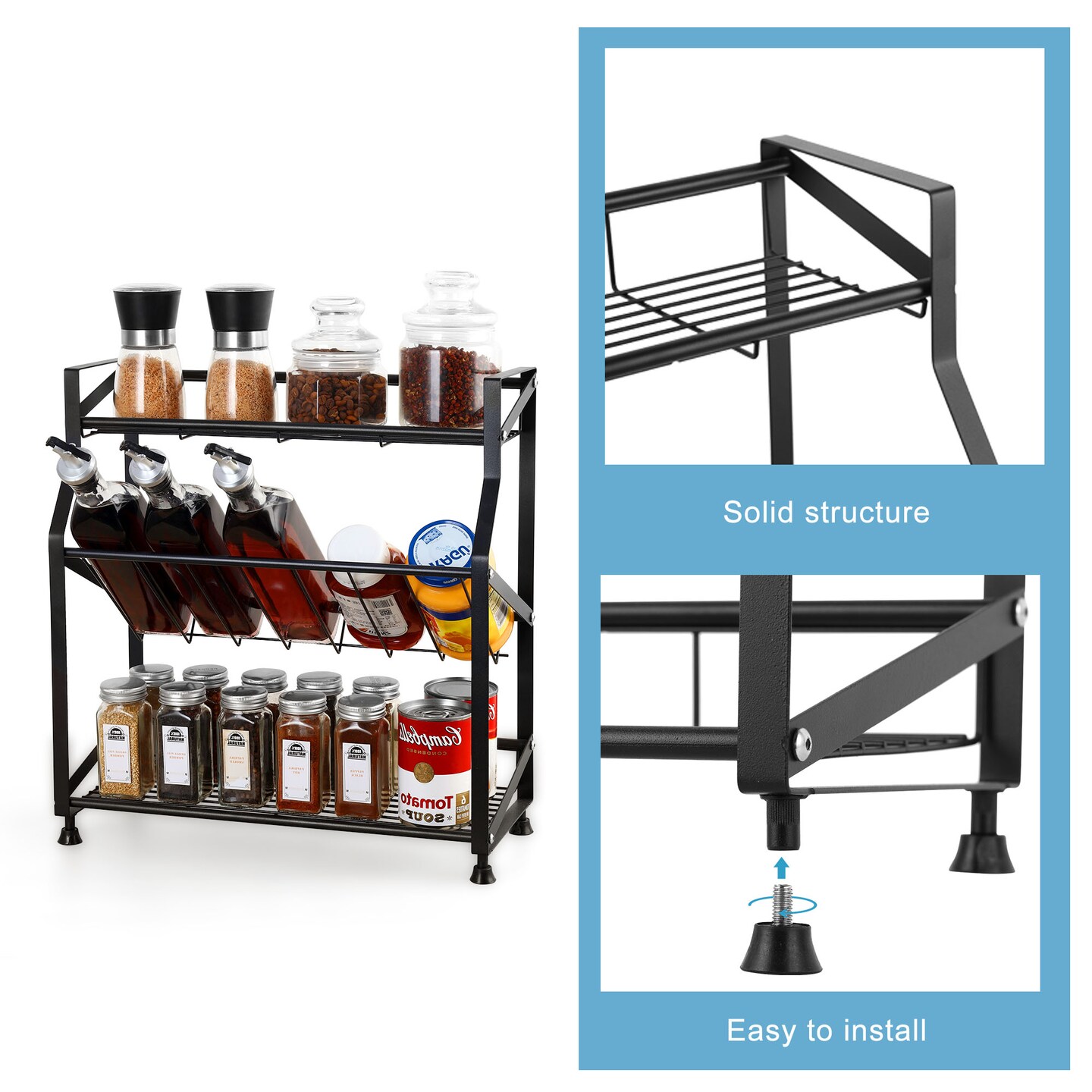 3-Tier Spice Rack Countertop Seasoning Bottle Organizer for Kitchen Cabinet