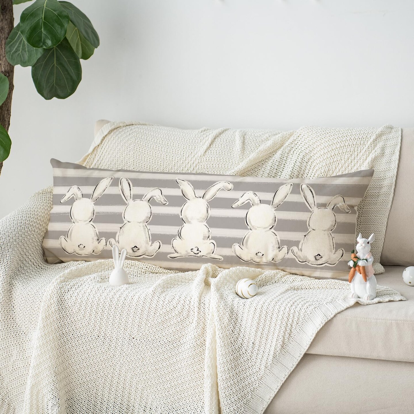 Gray Striped Bunny Easter Lumbar Pillow Cover &#x2013; 14&#x22; x 36&#x22; Long Body Pillow Case for Bed, Sofa &#x26; Bench