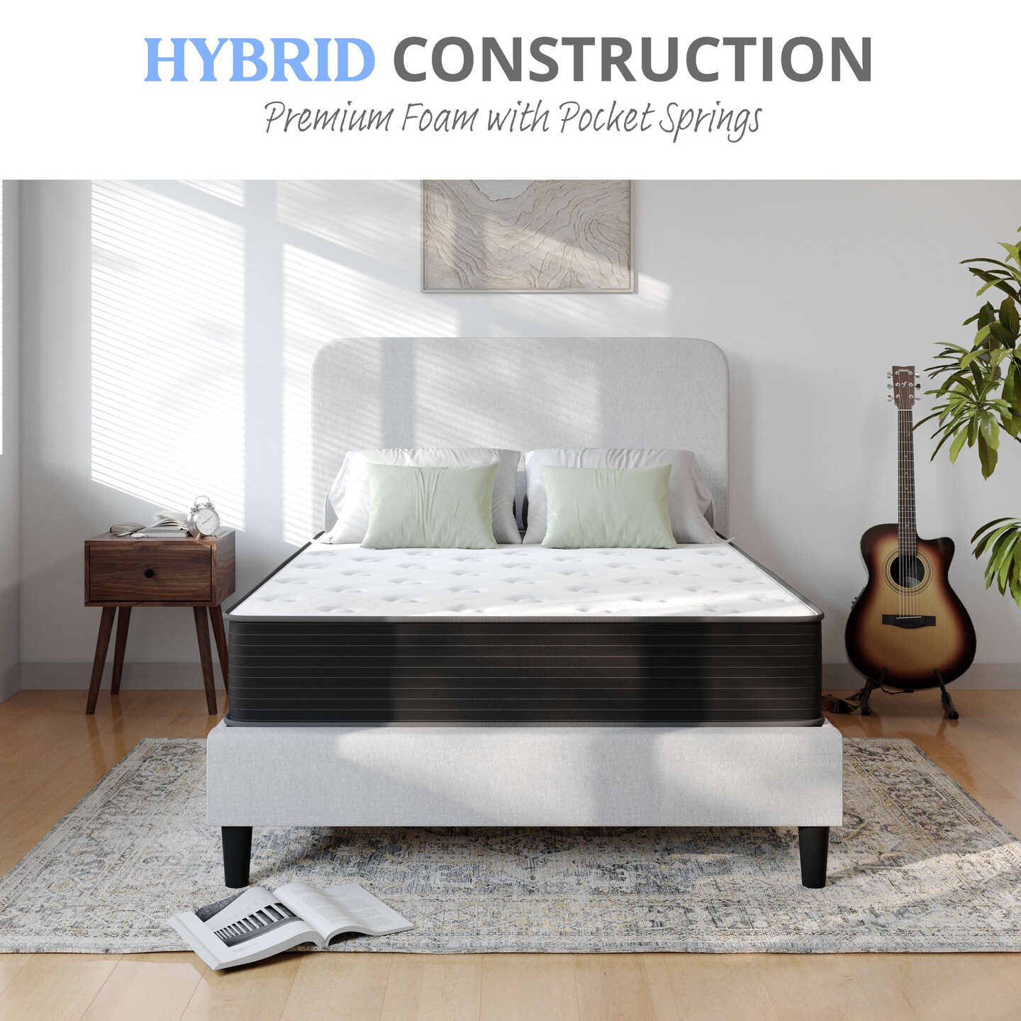 Emma and Oliver Drift 10 Inch Hybrid Mattress, High Density Cooling Foam and Pocket Spring Mattress in a Box, CertiPur-US Certified Foam, White/Black