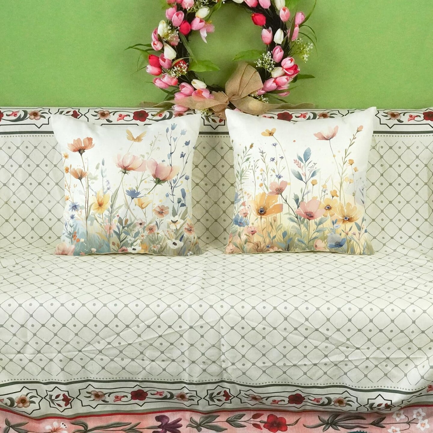 Spring Floral Pillow Covers 18x18 Inch Watercolor Flowers Decorations Farmhouse Summer Outdoor Patio Cushion Case for Sofa Couch Home Set of 2