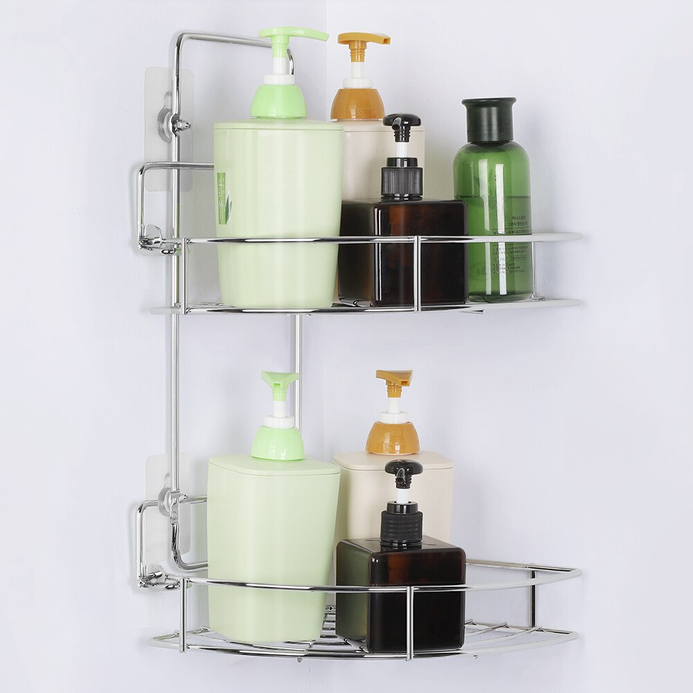 Bathroom Corner Two-Level Wall-Mounted Storage Shelf, Stainless Steel Without Drilling