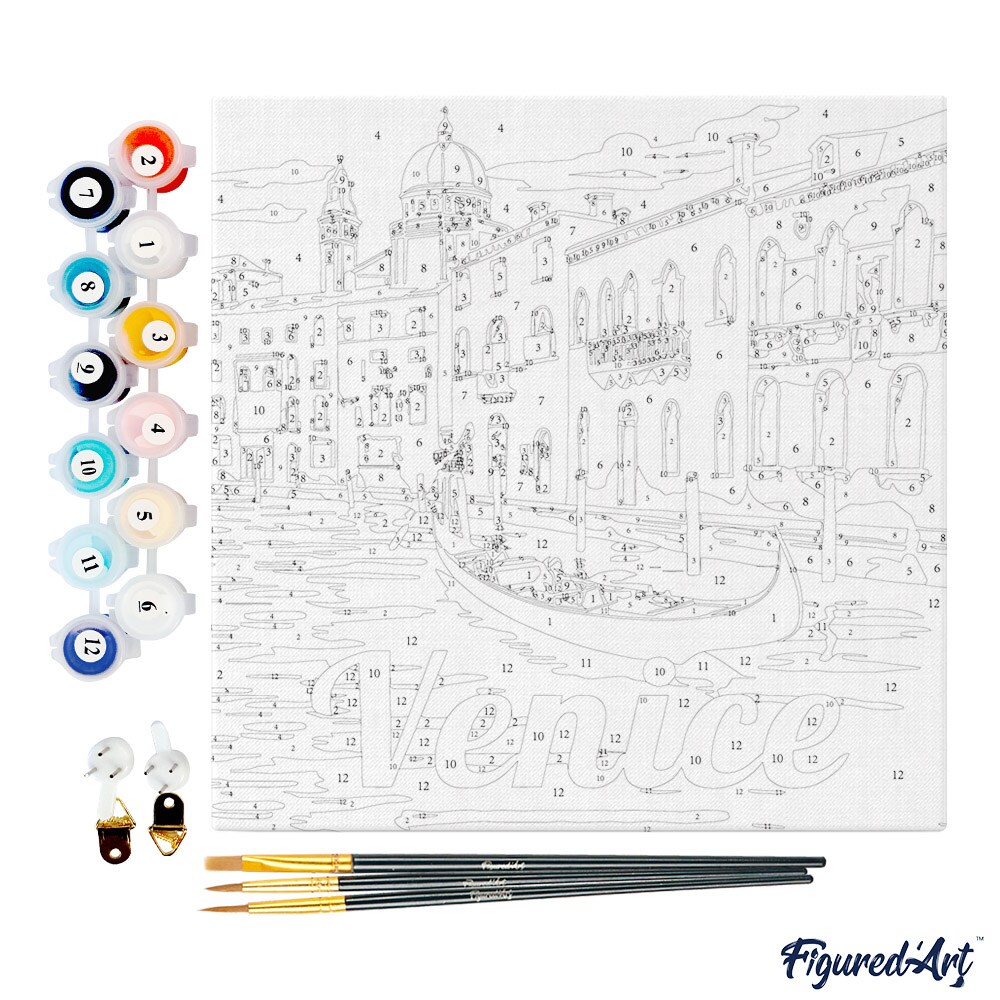 Figured&#x27;Art Mini Paint by Numbers Kit for Adults with Frame Travel Poster Venice Small format 8&#x22;x8&#x22; - Craft Art Painting DIY Canvas Already Stretched on a Wooden Frame