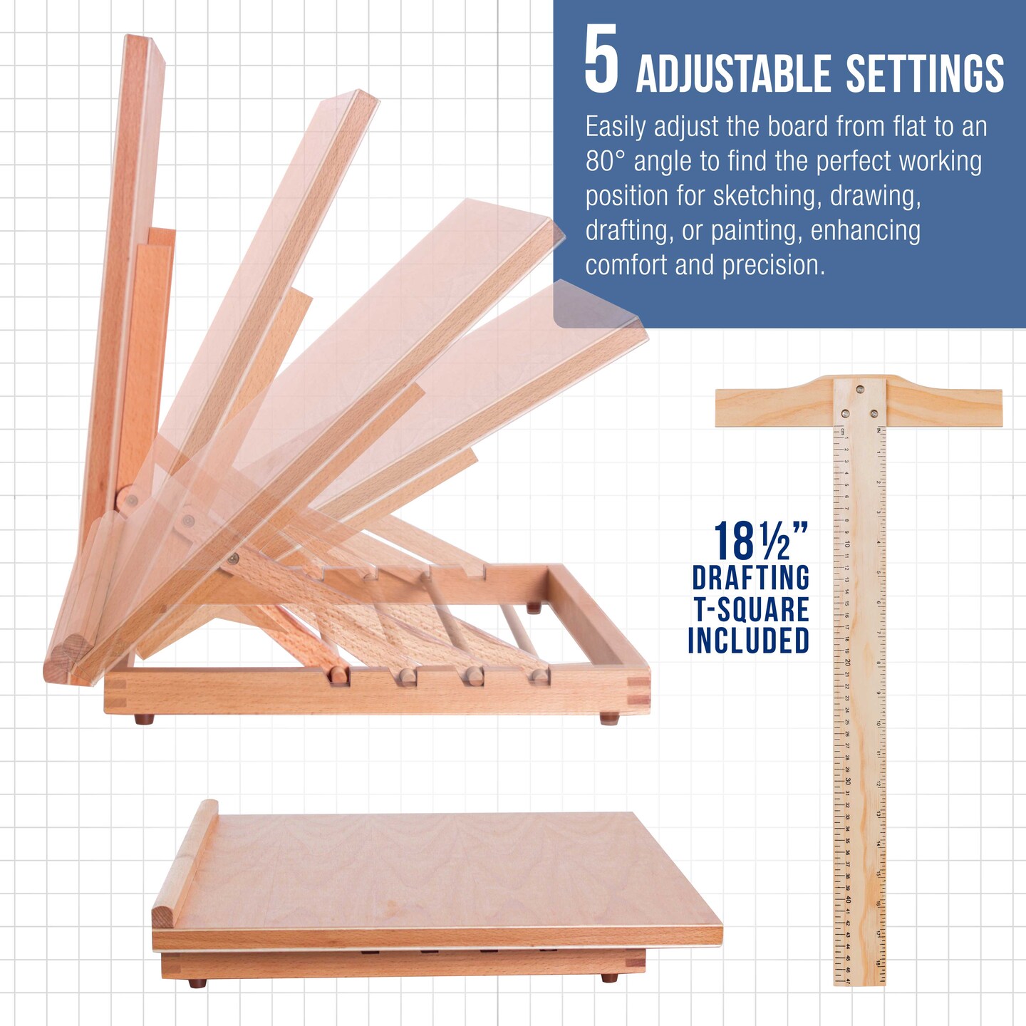 Large 20-1/2&#x22; x 17&#x22; Adjustable Wood Art Drawing Board - 5 Angles, Beechwood Construction, Pencil Ledge &#x26; T-Square - Perfect for Designing, Drafting, Sketching &#x26; Architecture Work