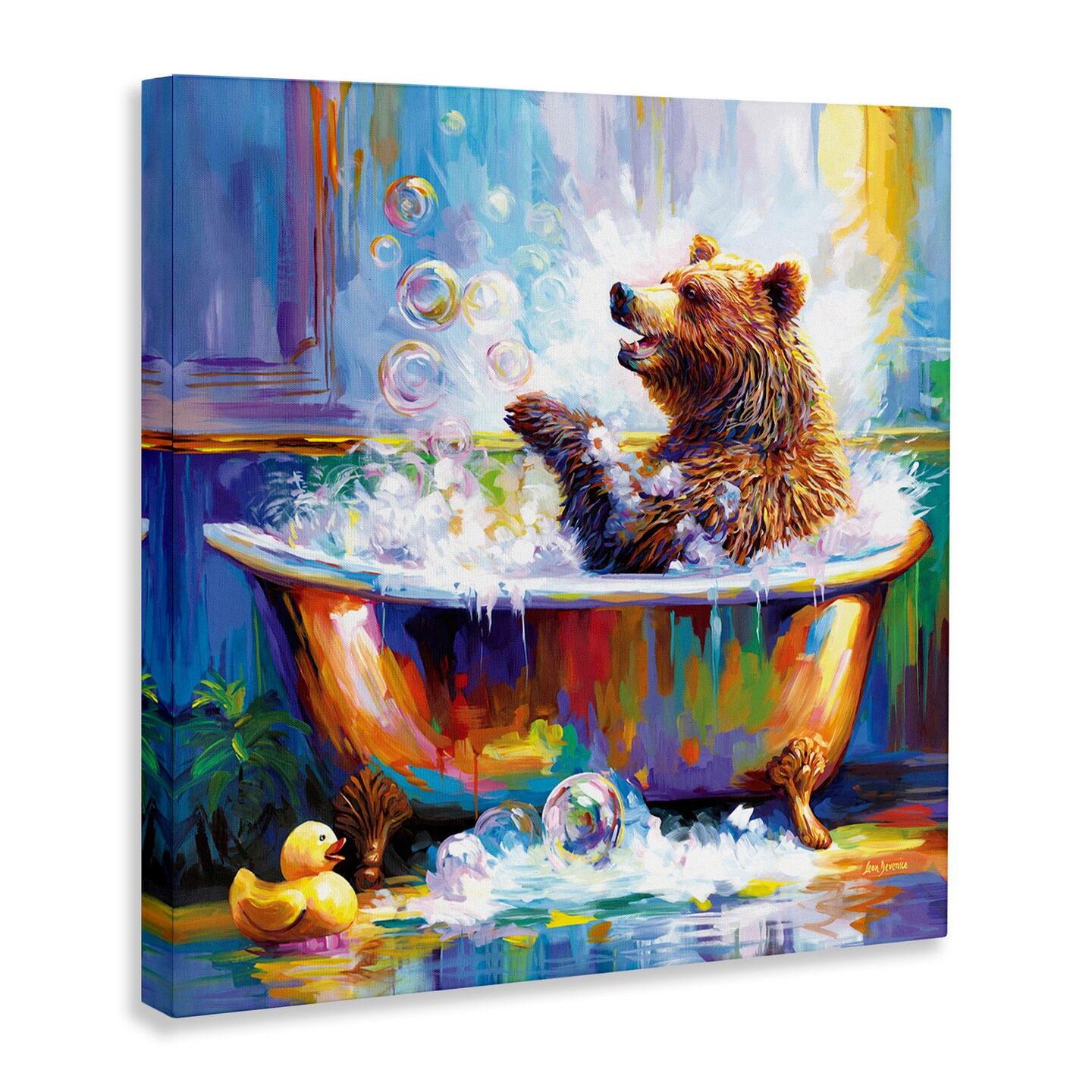 Stupell Industries Happy Bear in Bathtub Canvas Wall Art Design by Leon Devenice