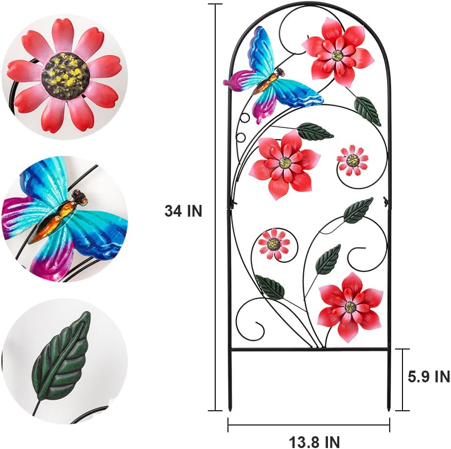 34&#x22; Metal Flower &#x26; Butterfly Garden Stake &#x2013; Decorative Outdoor Yard Art for Lawn &#x26; Patio (Red)