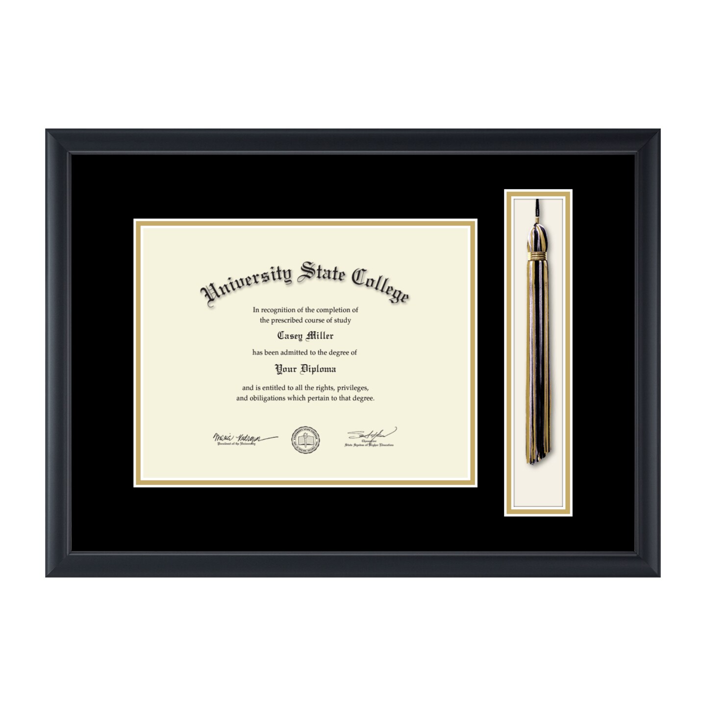 Framerly - 11&#x22;w x 8.5&#x22;h Tassel Diploma Frame - Eco-Friendly Black Moulding with Black and Gold Matting
