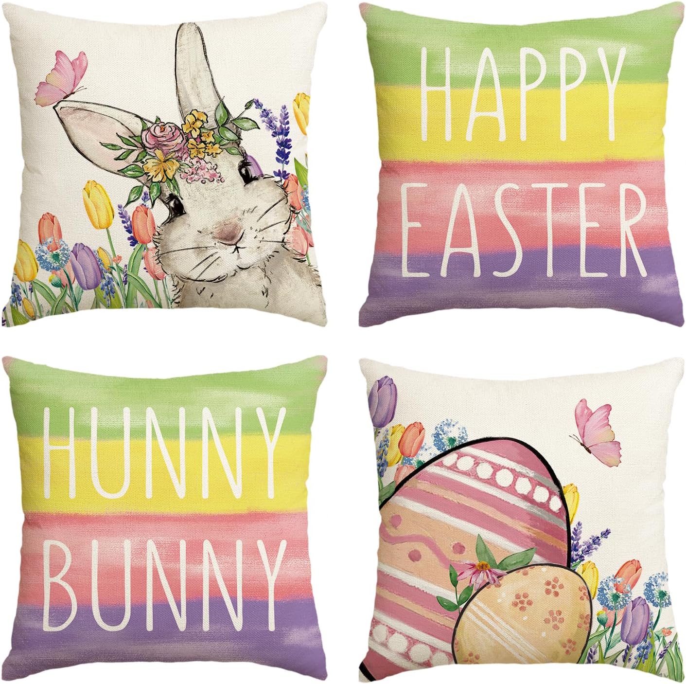 Set of 4 Happy Easter "Hunny Bunny" Throw Pillow Covers – 18" x 18" Colorful Striped Cushion Cases for Sofa & Couch
