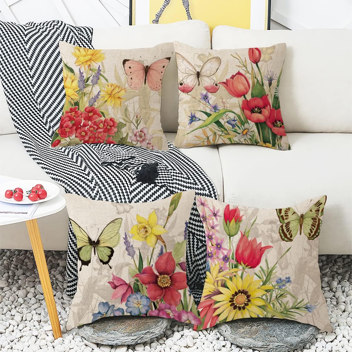 Throw Pillow Covers 16x16 Set of 4 Decorative Spring Pillow Covers Linen Flower Butterfly Farmhouse Pillowcases for Sofa Couch Living Room Outdoor (16&#x22; x 16&#x22;)