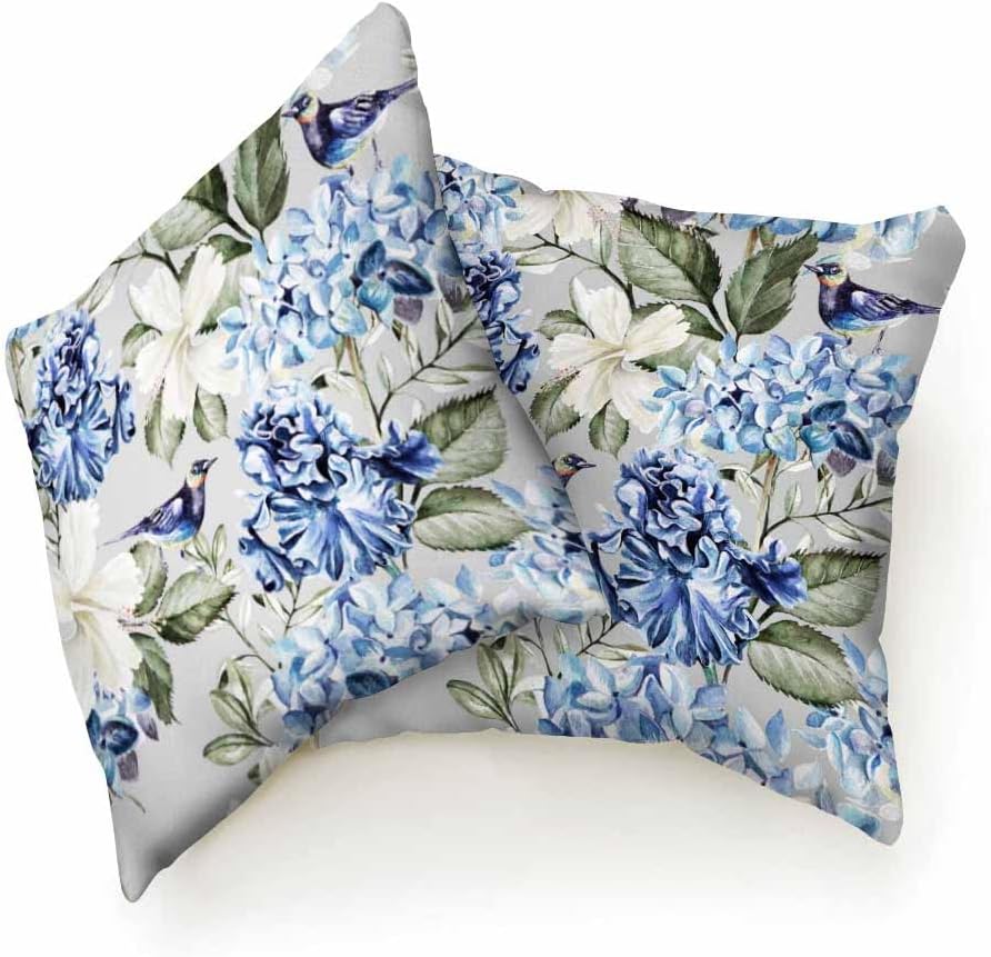 Pillow Covers Colorful Watercolor Blue Hydrangea Hibiscus Iris Leaf and Bird Spring Flowers Pattern 18X18 Inch Set of 2,Standard Square Cushion Throw Cover for Couch Bedroom Living
