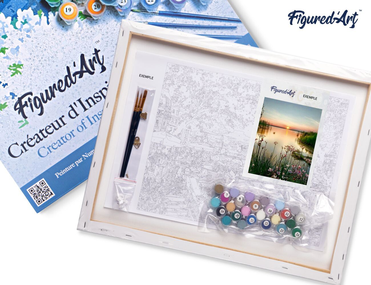 Figured'Art Paint by Numbers for Adults with Frame Peaceful Lake 16"x20" - Craft Art Painting DIY Kit Canvas Already Stretched on a Wooden Frame