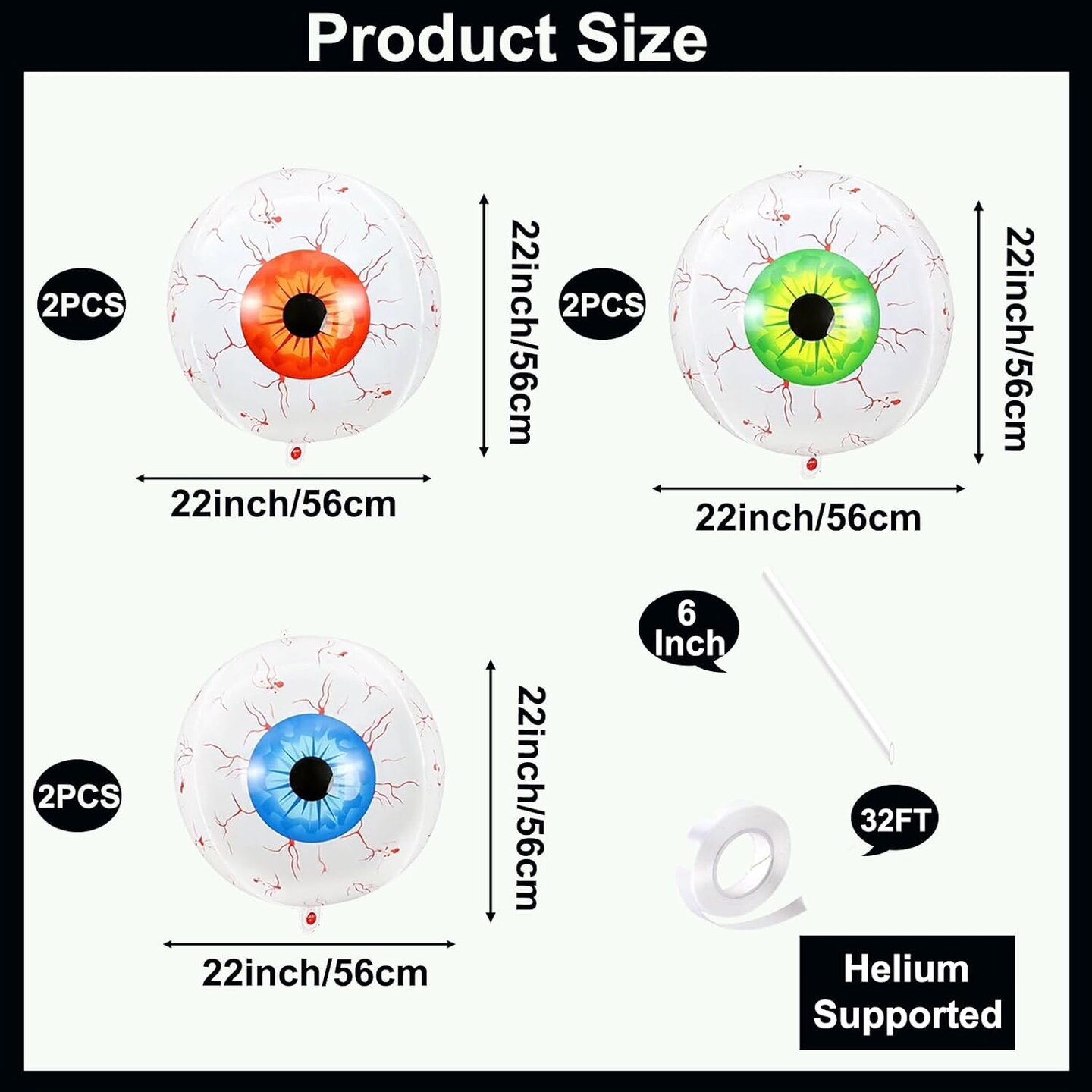 6 Pieces 22 Inches Halloween Eyeball Foil Balloons(White)