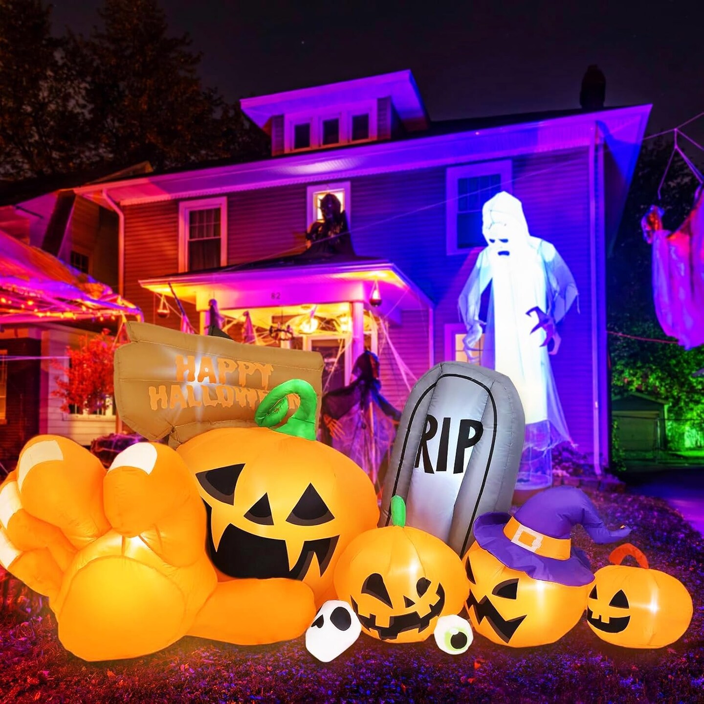 Long Inflatable Blow Ups Yard Decoration Pumpkin with Build-in LEDs(Main Orange)
