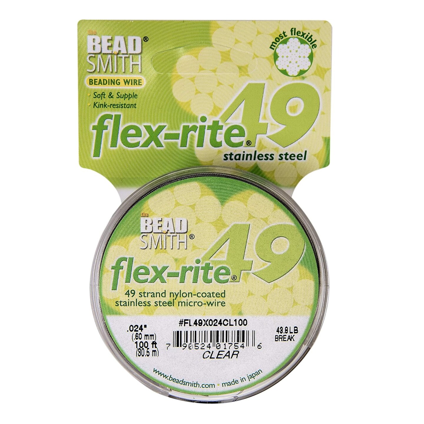 The Beadsmith Flex-Rite Beading Wire - Stainless Steel Micro Flexible Wire, 49 Strand, Clear Color, .024&#x22; Diameter, 100-Foot Spool, Nylon Coated