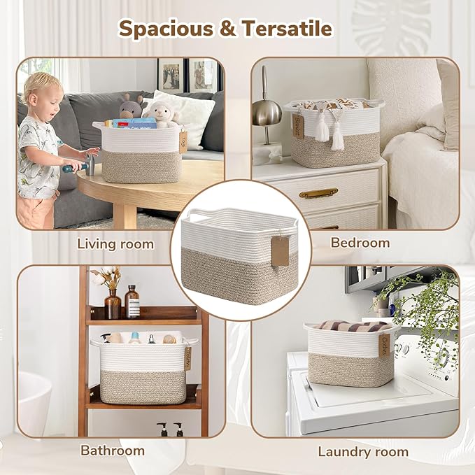 Woven Storage Basket, Cotton Rope Basket for Dog Toys, Books, Stylish Gift Basket with Handles, 13 x 10 x 9 Inches Square Baskets for Organizing, Brown and White