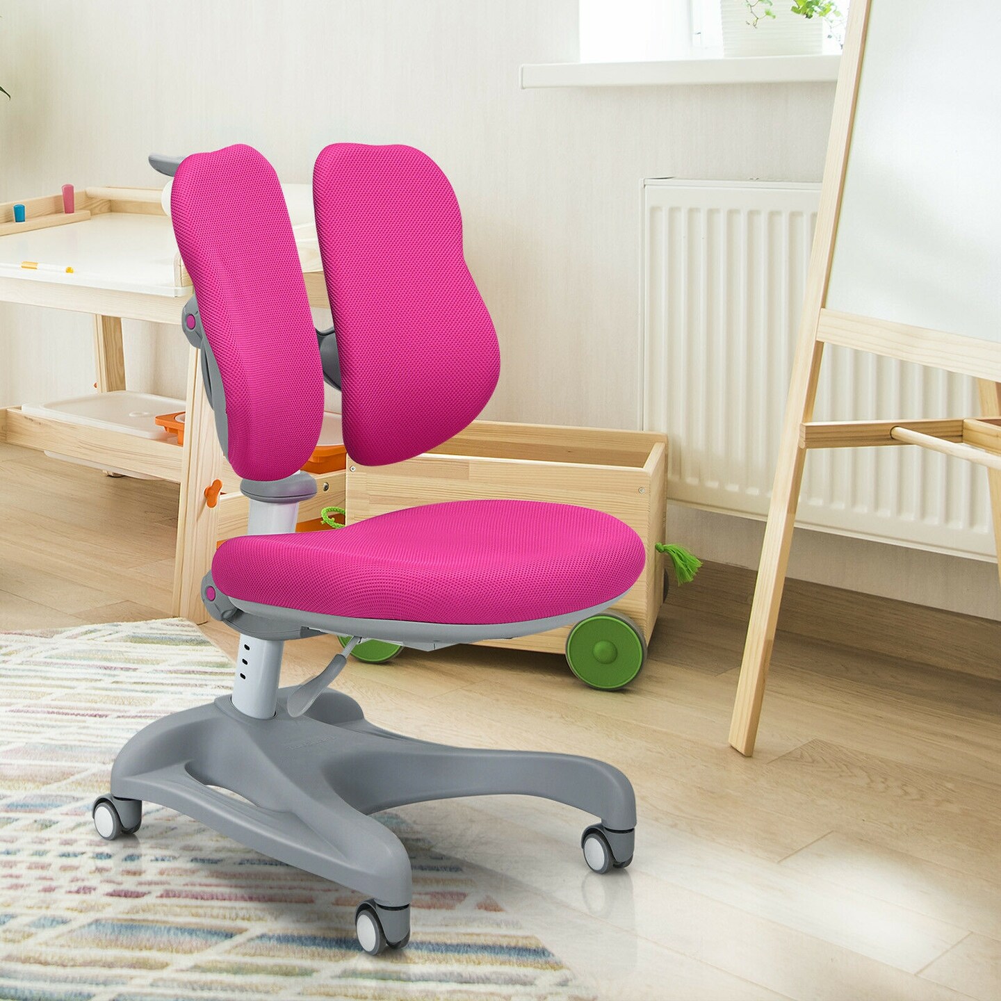 Pink Iron Adjustable Ergonomic Kids Study Chair with Footrest and Casters