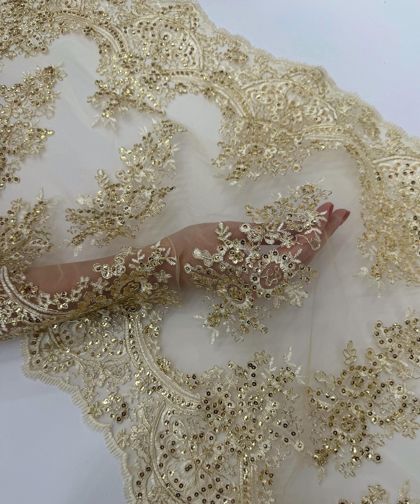Champagne Embroidered Lace Table Runner by the Yard, 20" Wide Sequin Mesh Lace Trim with Scalloped Edges