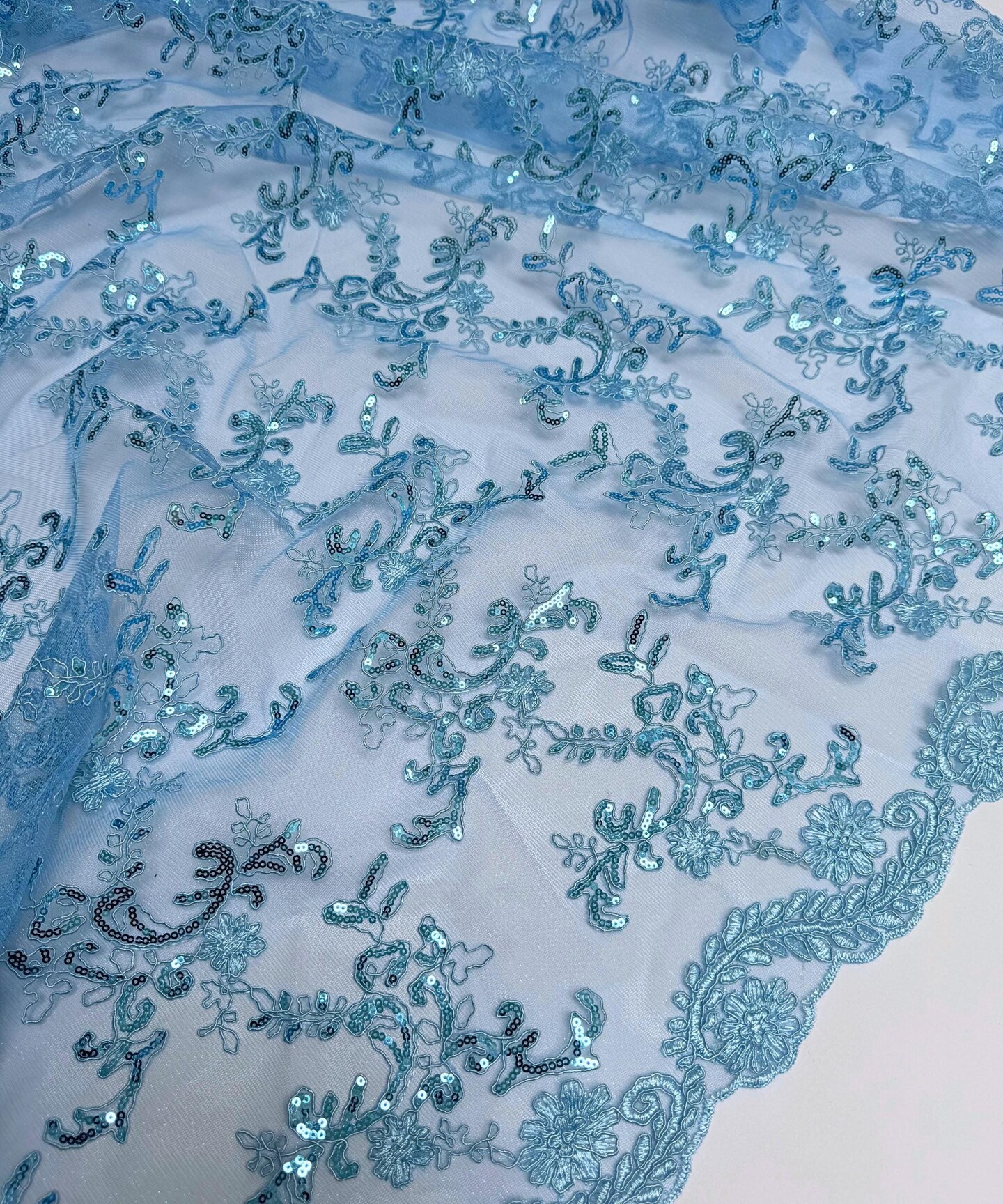 Baby Blue Sequin Embroidered Lace Fabric by the Yard, 54" Wide Floral Mesh Lace with Double Scalloped Edges