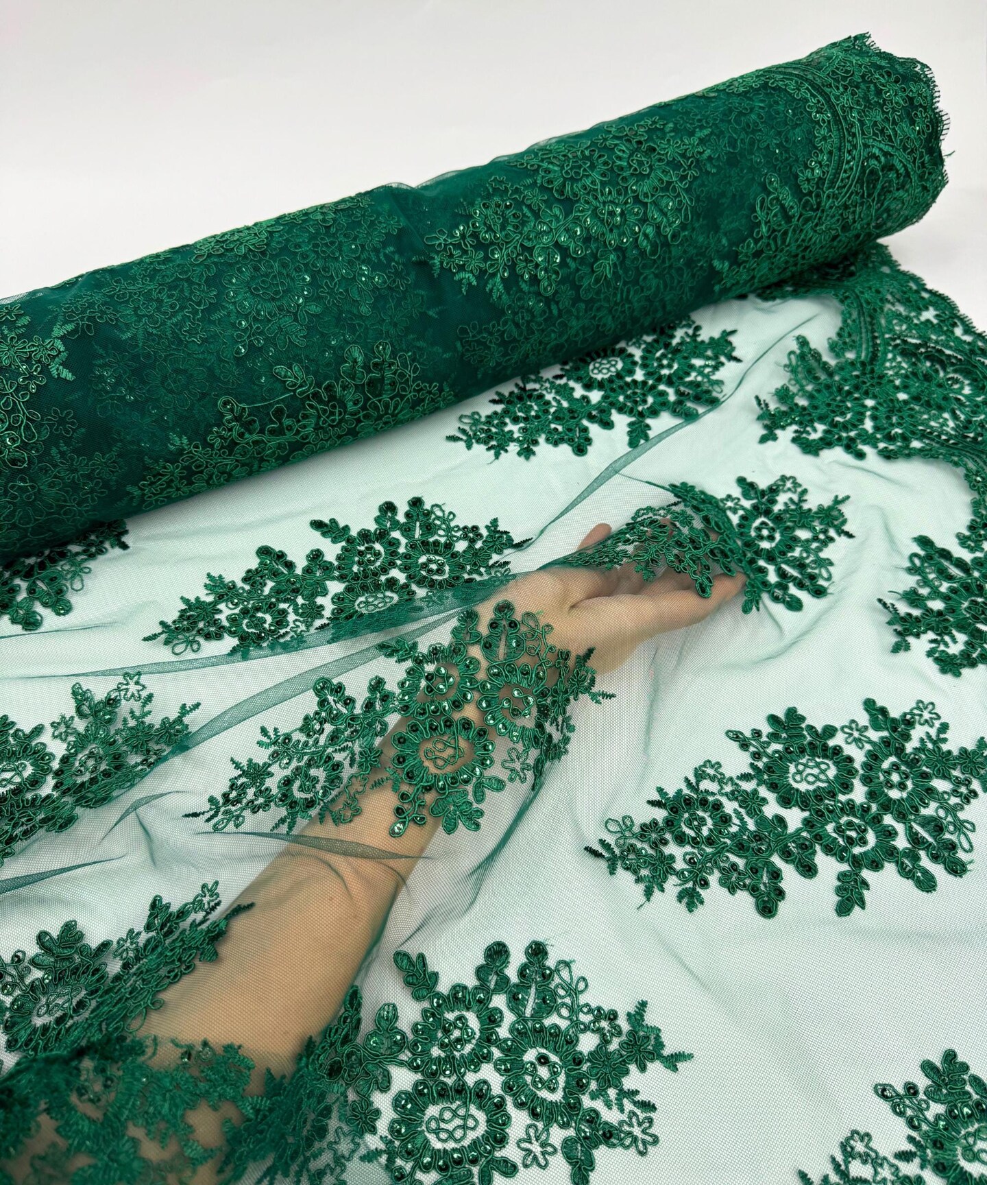 Hunter Green Sequin Embroidered Lace Fabric by the Yard, 54" Wide Floral Mesh Lace with Double Scalloped Edges