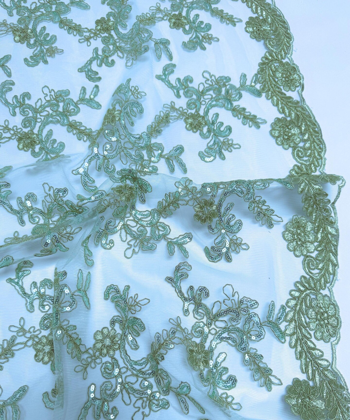 Sage Sequin Embroidered Lace Fabric by the Yard, 54" Wide Floral Mesh Lace with Double Scalloped Edges