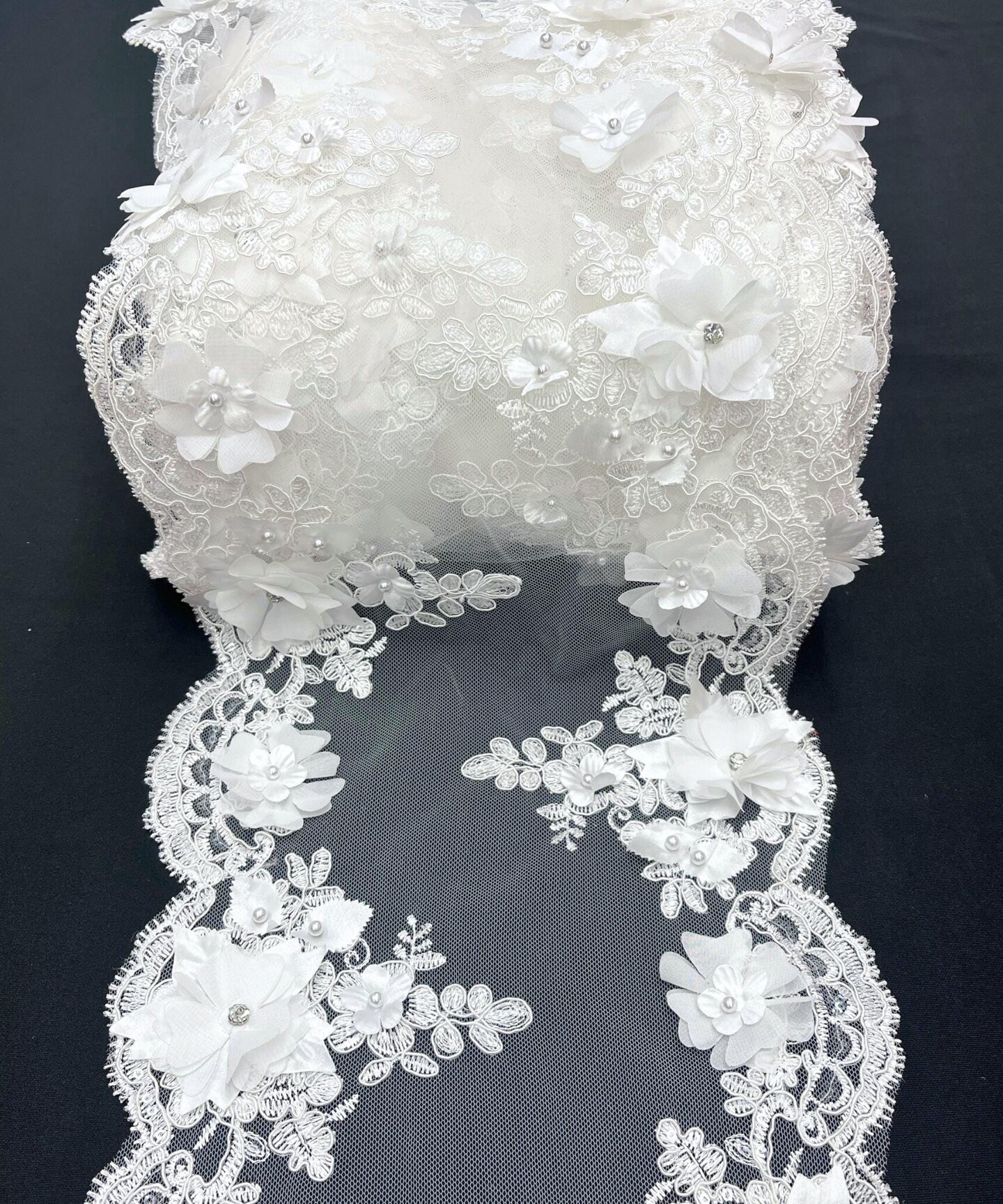 White 3D Wide Floral Sequin & Mesh with Pearls Lace Trim for Table Runner 22"