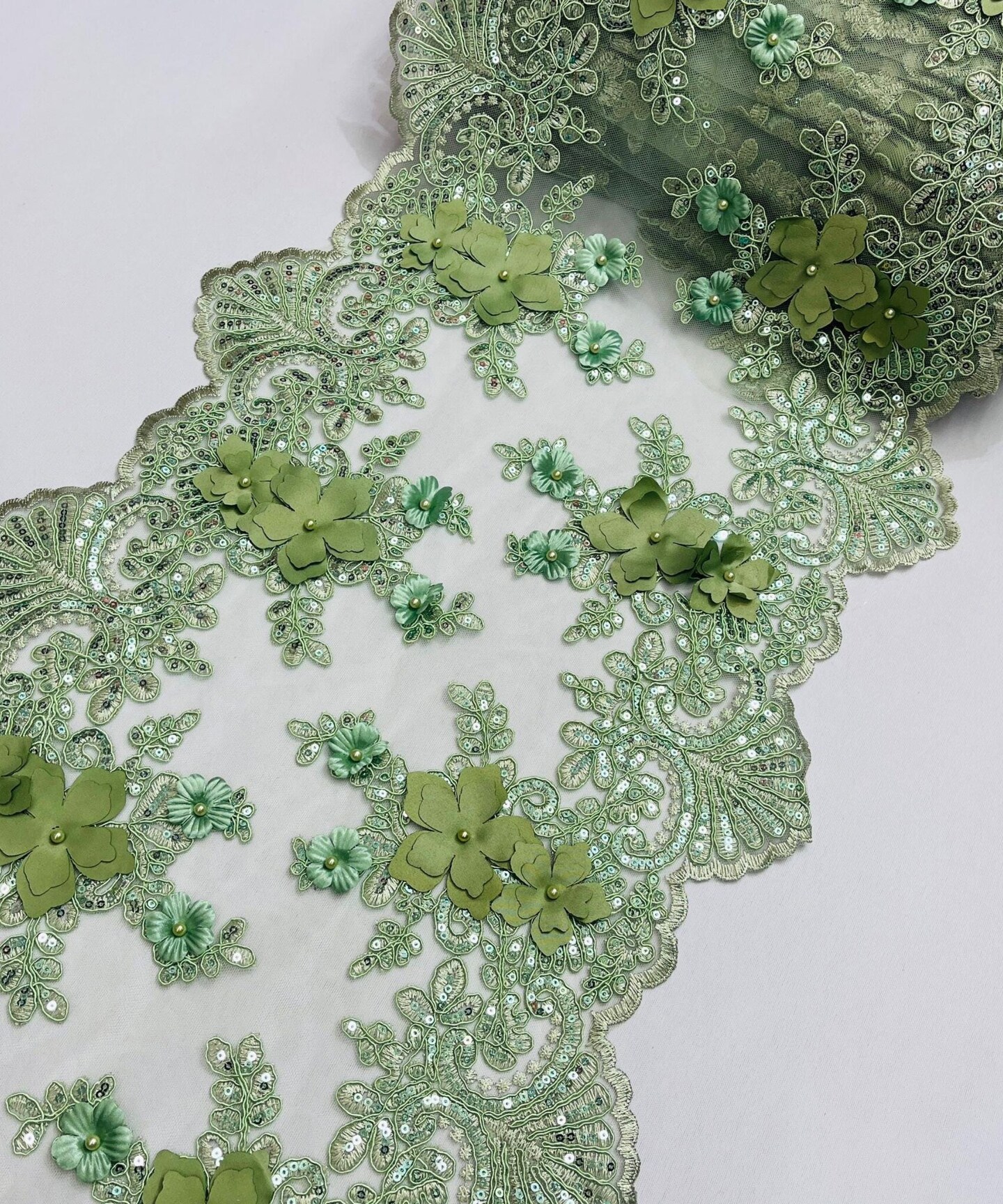 Sage 3D Wide Floral Sequin & Mesh Lace Trim for Table Runner 13"