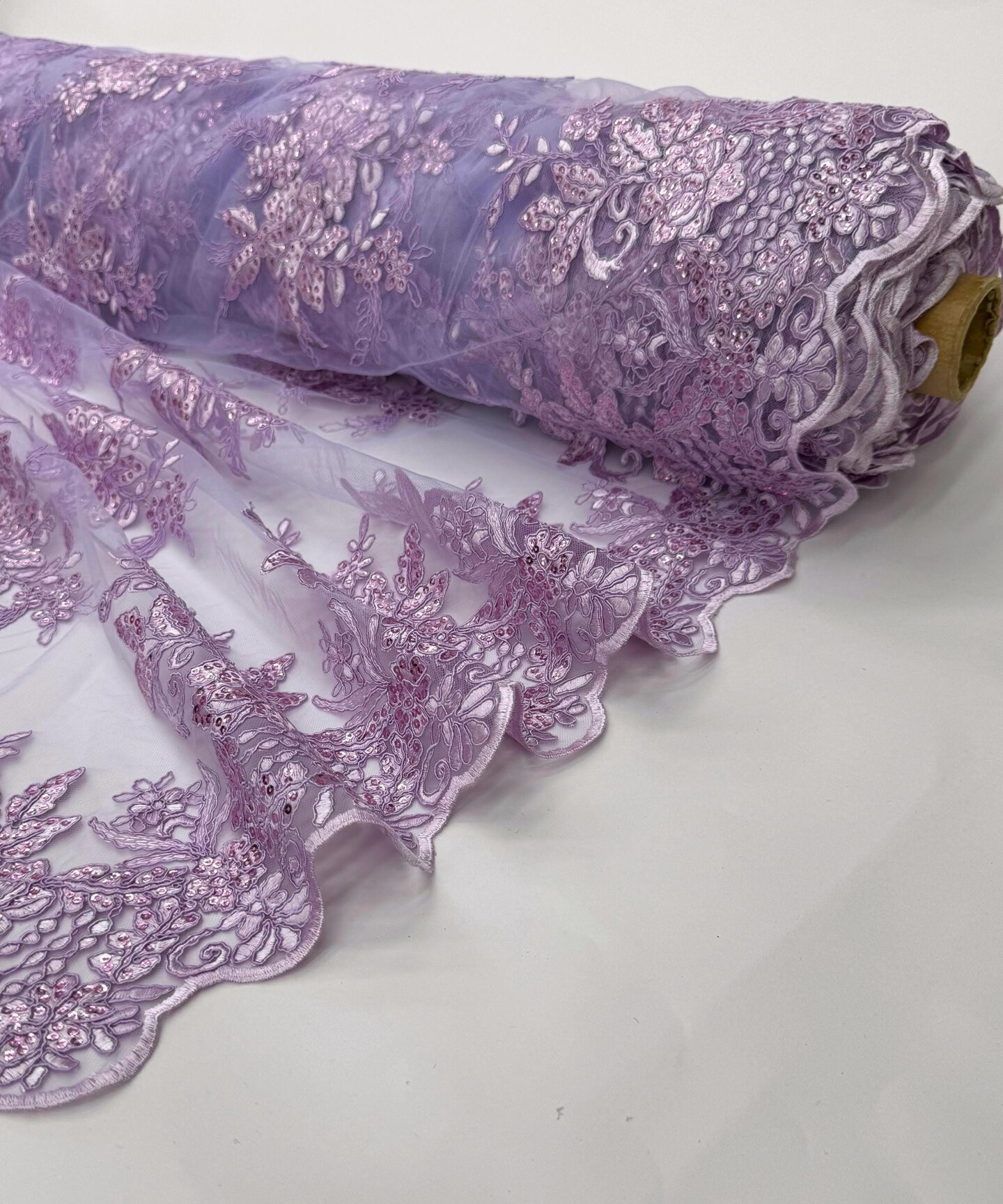 Lavender Sequin Embroidered Lace Fabric by the Yard, 54" Wide Floral Mesh Lace with Double Scalloped Edges