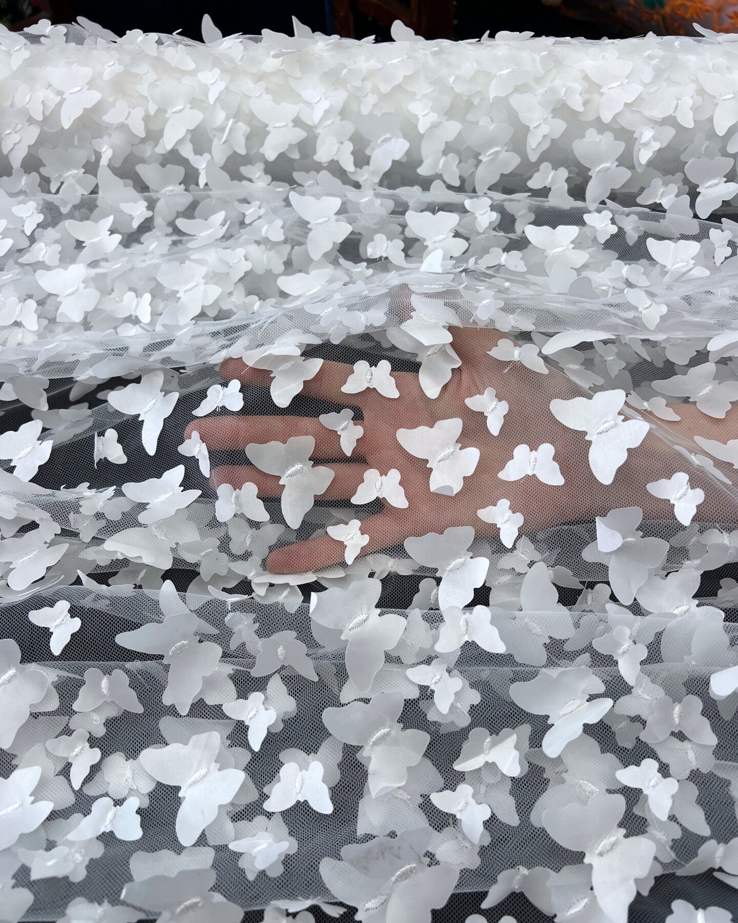 White 3D Butterfly Nylon Tulle Fabric by the Yard, 63" Wide Soft Stretch Mesh Fabric for Veils, Wedding Dresses, Decor & Sewing