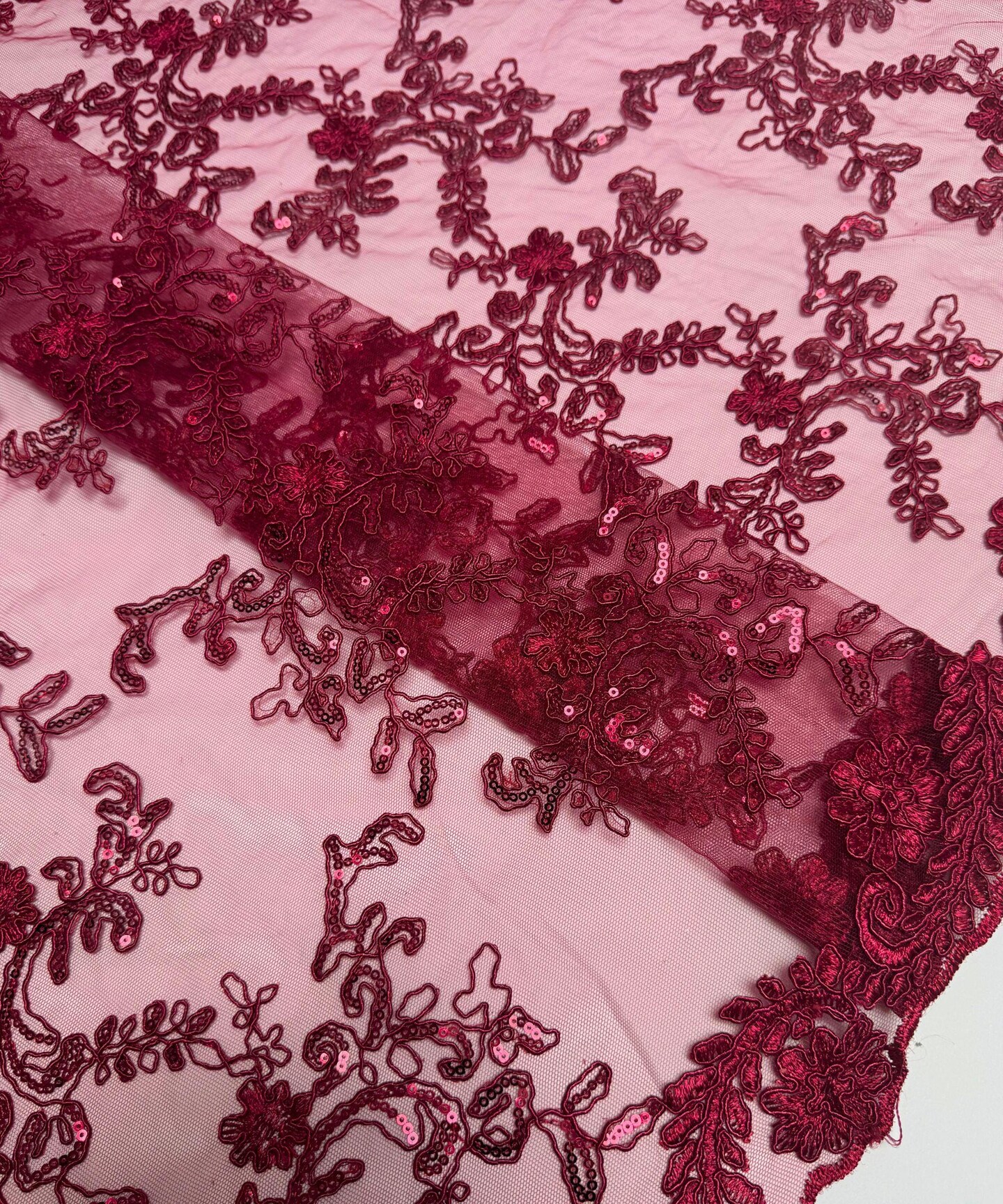 Burgundy Sequin Embroidered Lace Fabric by the Yard, 54" Wide Floral Mesh Lace with Double Scalloped Edges