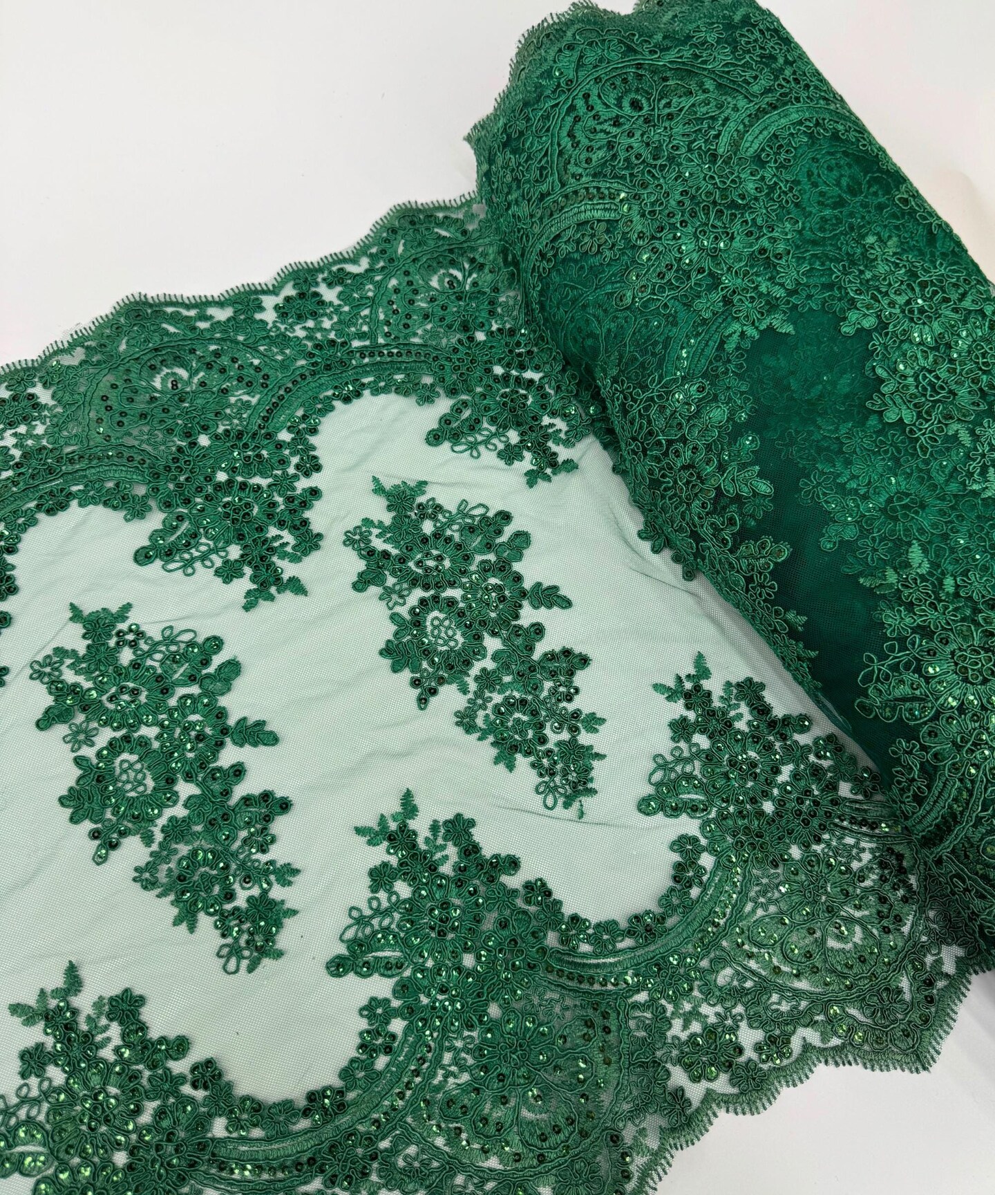 Hunter Green Embroidered Lace Table Runner by the Yard, 20" Wide Sequin Mesh Lace Trim with Scalloped Edges