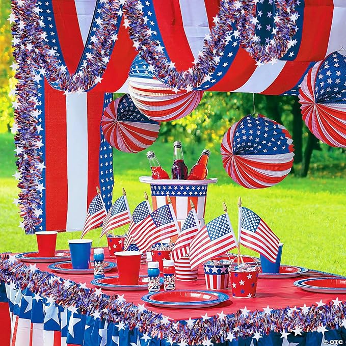 33FT 4th of July Garland, Red White and Blue Patrioic Star Metallic Tinsel Garland for Independence Day, Memorial Day and Veterans Day Decorations