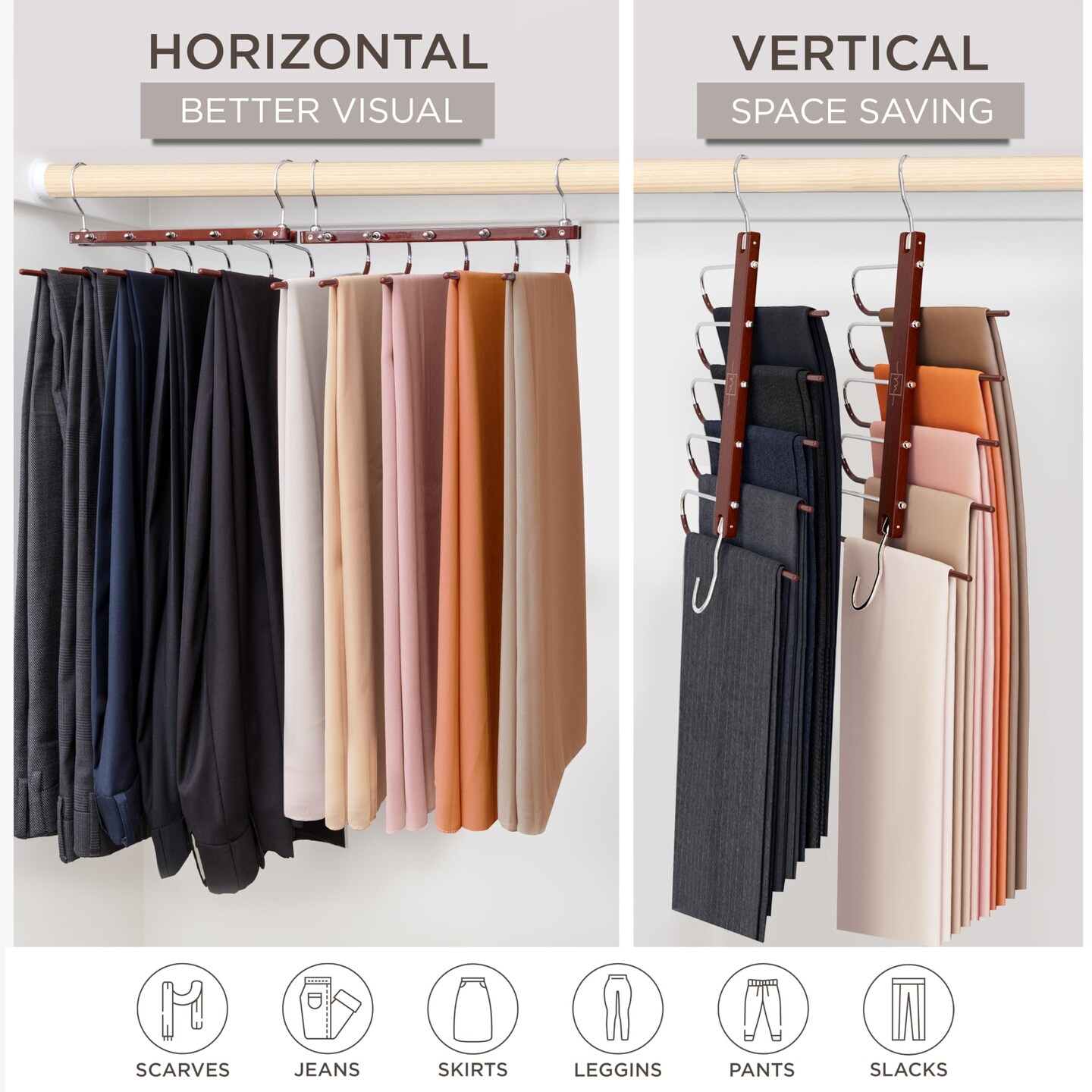Pants Hangers Space Saving - European Beechwood Scarf and Jean Hangers - Closet Organizer and Space Saver Pant Rack, Leggings Hanger, and Scarf Holder with 360&#xB0; Swivel Hook (1 Pack)
