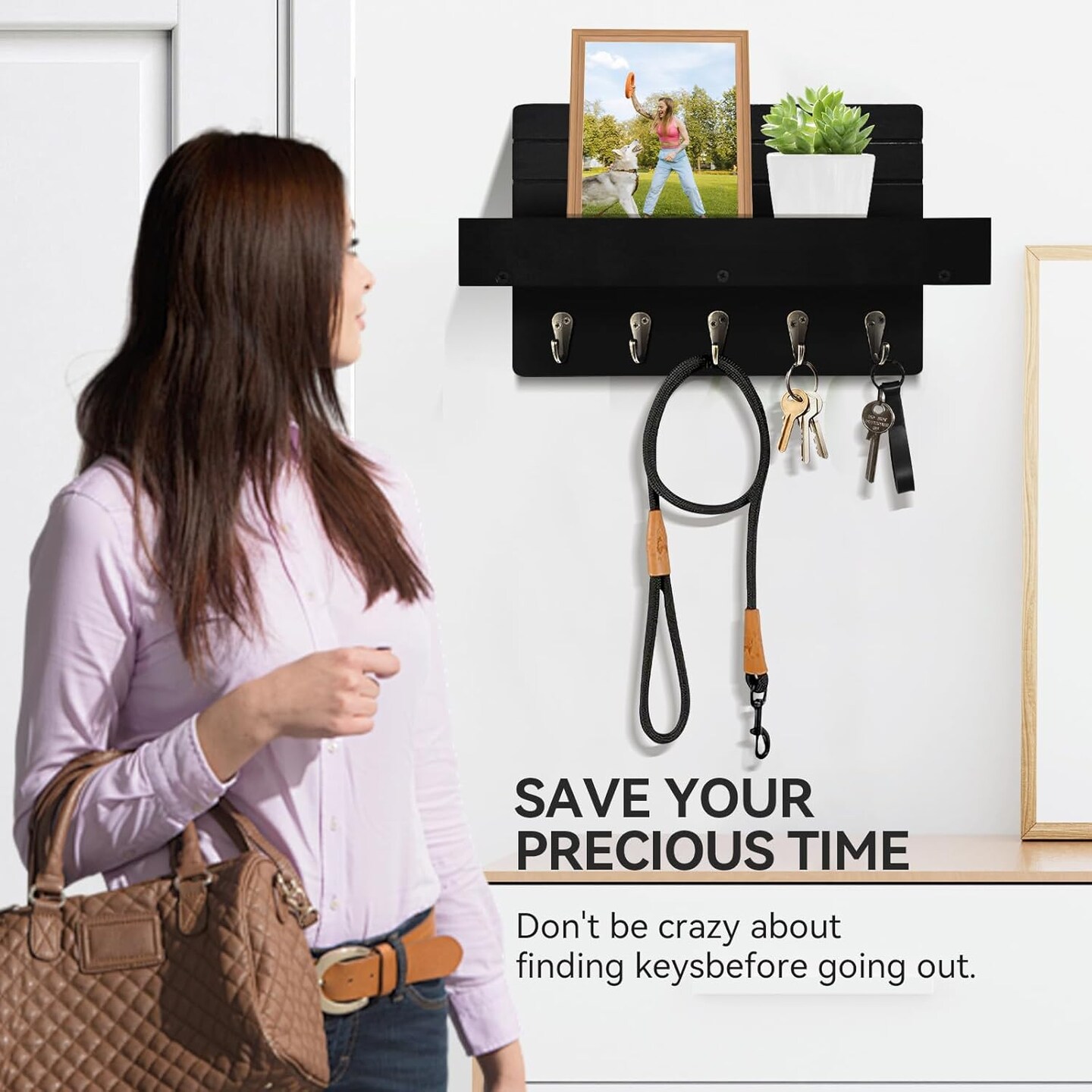 Rustic Wall Key Holder with Shelf – Entryway Key Rack with 5 Sturdy Hooks for Keys, Dog Leash, Sunglasses, and Mail Organizer