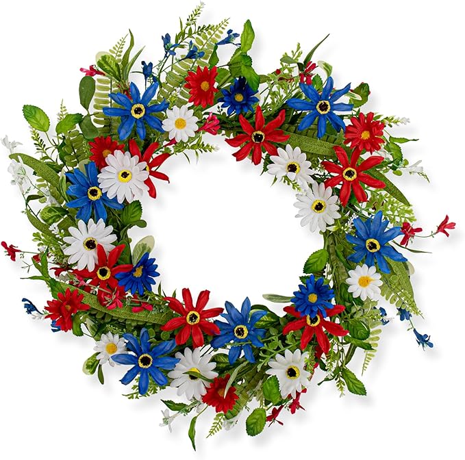 4th of July Wreath 22 Inch Independence Day Wreath Red White Blue Patriotic Wreaths for Front Door with Red White Blue Daisies for July Fourth Memorial Day Flay Day Decor