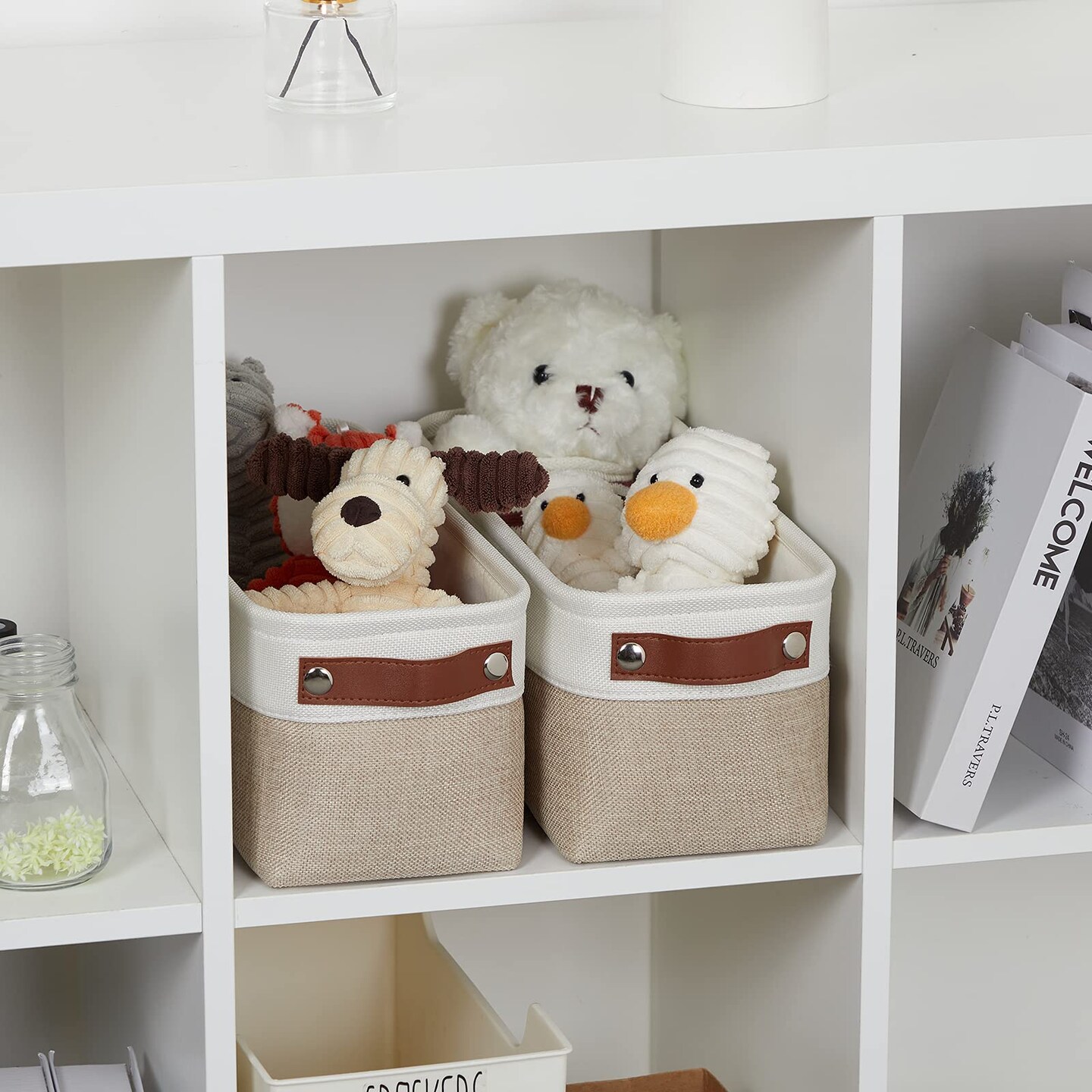 2-Pack Bathroom Baskets for Toilet, Small Storage Bins for Organizing Closets, Cabinets, Shelves, Canvas Fabric Storage Basket Bins With Leather Handles for Empty Gift Basket (White&#x26;Khaki)