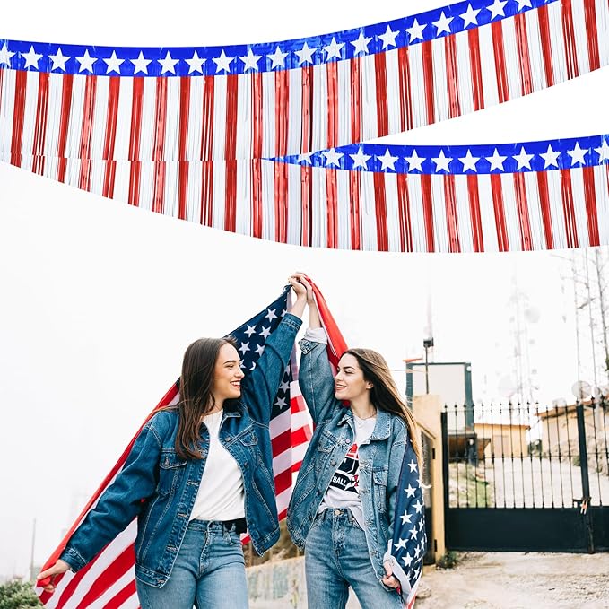 2 Strings Total 39.4 ft Patriotic Tinsel Garland – Each 19.7ft Red White and Blue Stars Fringe Garland for 4th of July, Memorial Day, Parade Float, and Party Decorations