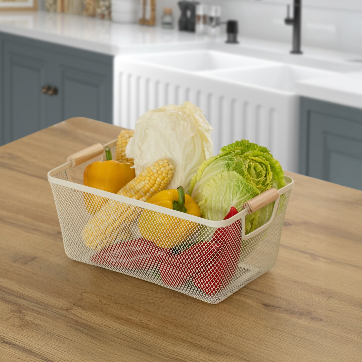 Basicwise Multipurpose Metal Mesh Basket with Wooden Handle Storage Organizers for Kitchen Bathroom Cabinet Closet Countertop Fruit Holder Picnic Food & Beverages Carrier & Home Decor