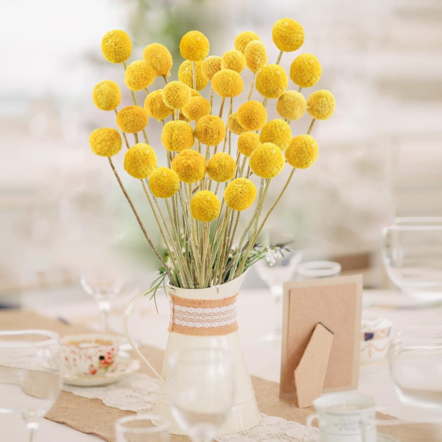 120pcs Dried Yellow Summer Billy Balls Flowers for Floral Arrangements, Wedding Decor, Tall Vase Filler, Indoor Use
