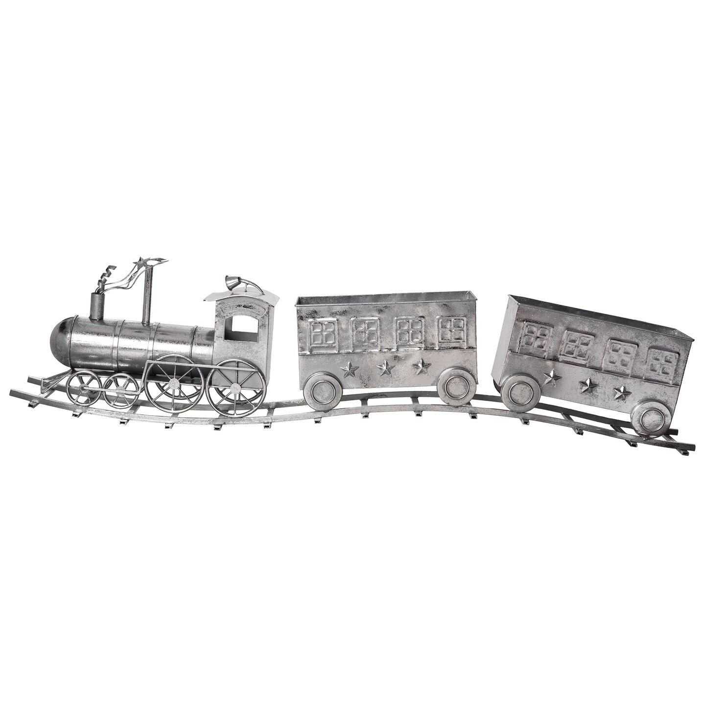 Transpac Silver Christmas Train Decor 54.75&#x22; with 2 Cars, Metal Figurines, Indoor Tabletop Holiday Decor, 14.5&#x22; Height, Silver Color